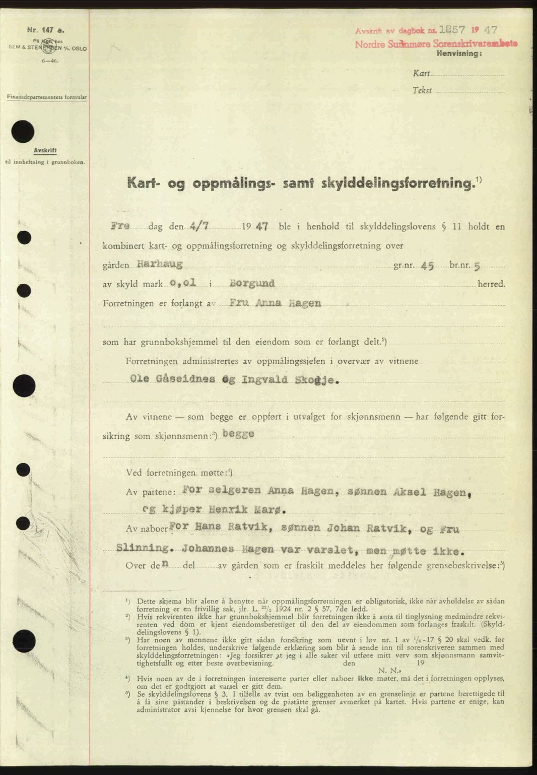 Nordre Sunnmøre sorenskriveri, AV/SAT-A-0006/1/2/2C/2Ca: Pantebok nr. A25, 1947-1947, Dagboknr: 1257/1947