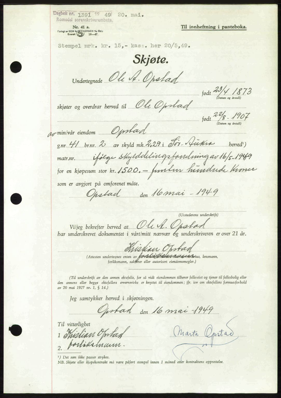 Romsdal sorenskriveri, SAT/A-4149/1/2/2C: Pantebok nr. A29, 1949-1949, Dagboknr: 1391/1949