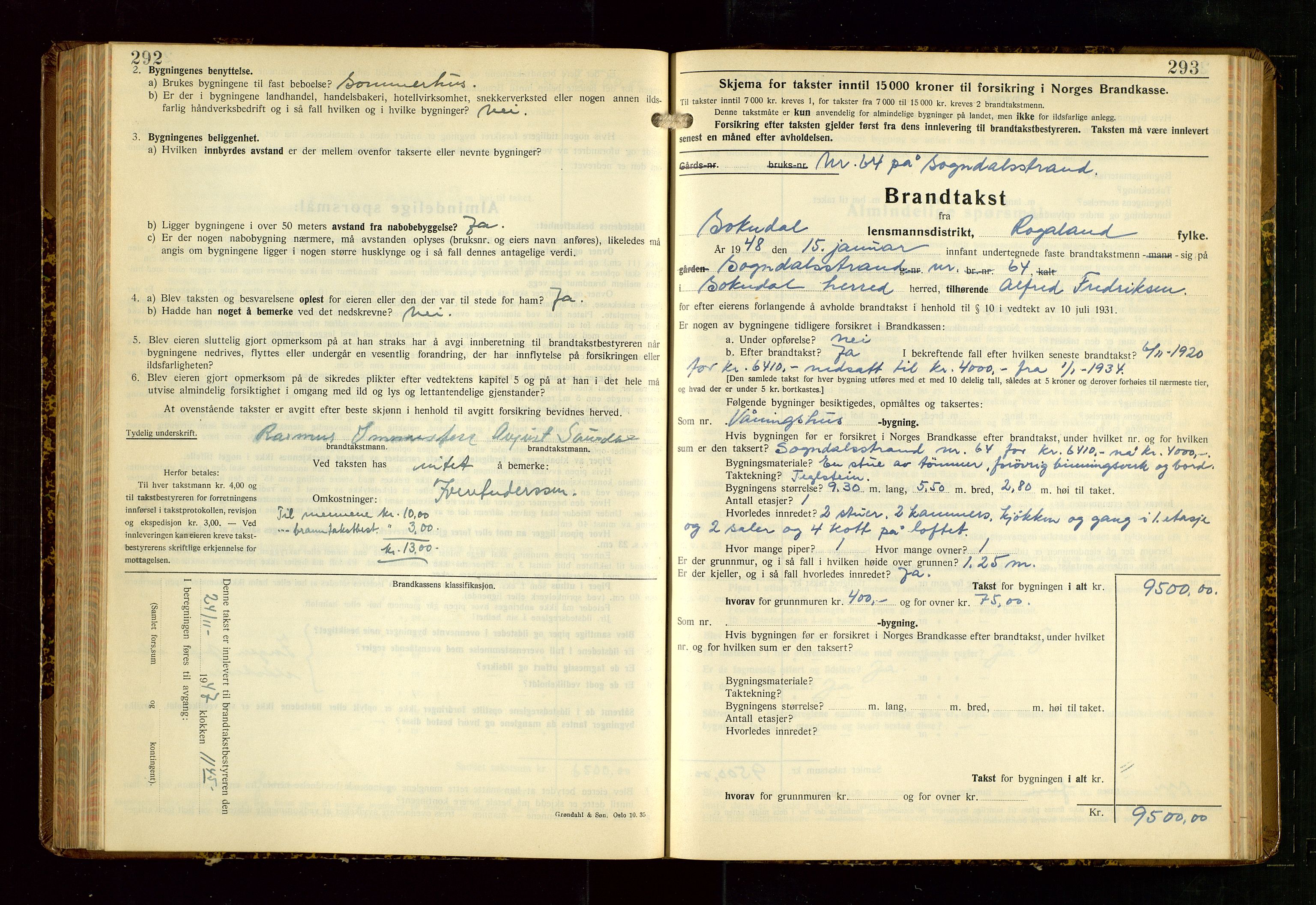 Sokndal lensmannskontor, AV/SAST-A-100417/Gob/L0008: "Brandtakst-Protokoll", 1937-1955, s. 292-293