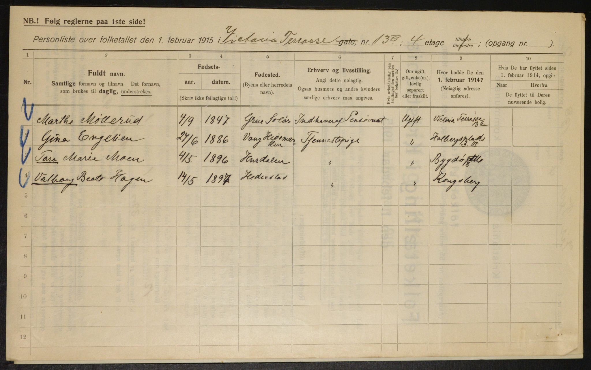 OBA, Kommunal folketelling 1.2.1915 for Kristiania, 1915, s. 124135
