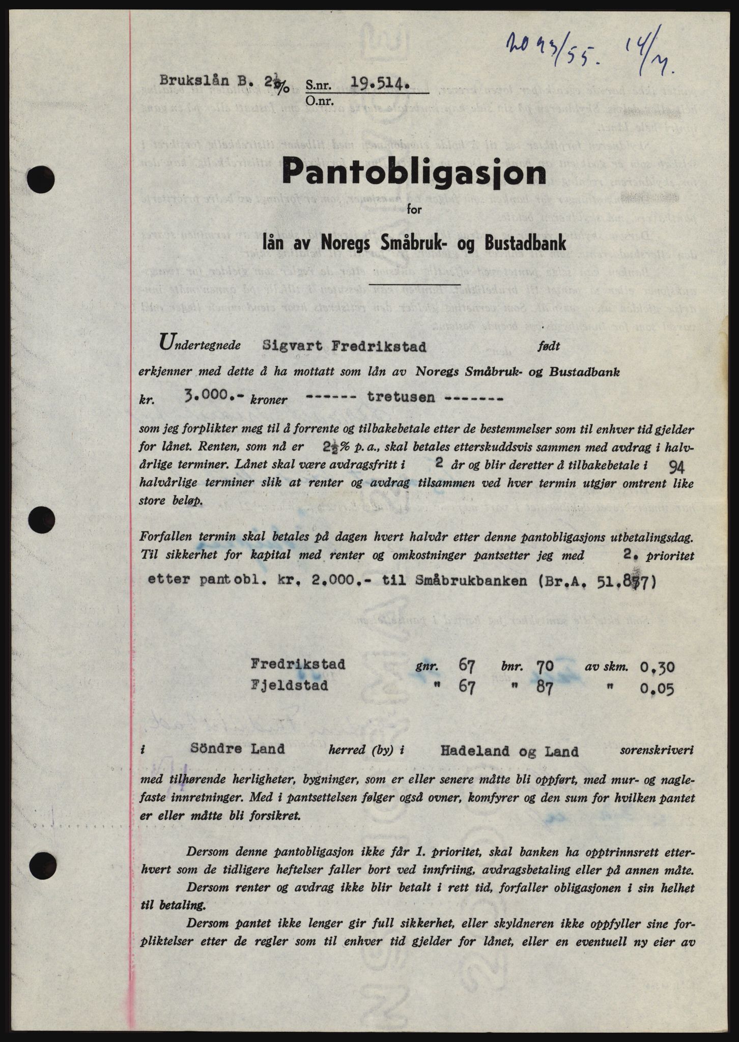 Hadeland og Land tingrett, SAH/TING-010/H/Hb/Hbc/L0032: Pantebok nr. B32, 1955-1955, Dagboknr: 2093/1955