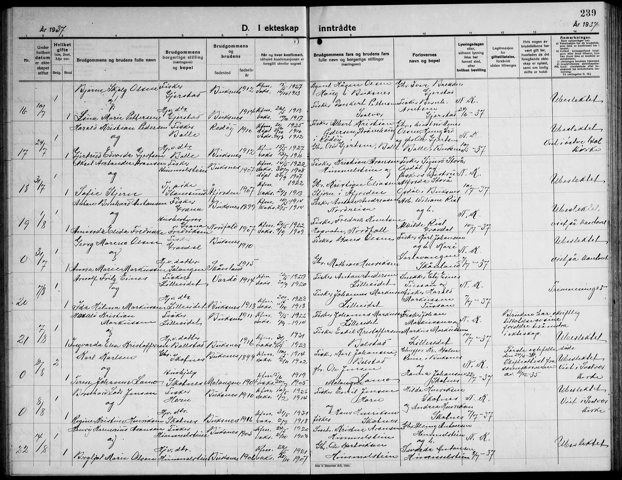 Ministerialprotokoller, klokkerbøker og fødselsregistre - Nordland, AV/SAT-A-1459/881/L1170: Klokkerbok nr. 881C07, 1930-1943, s. 239