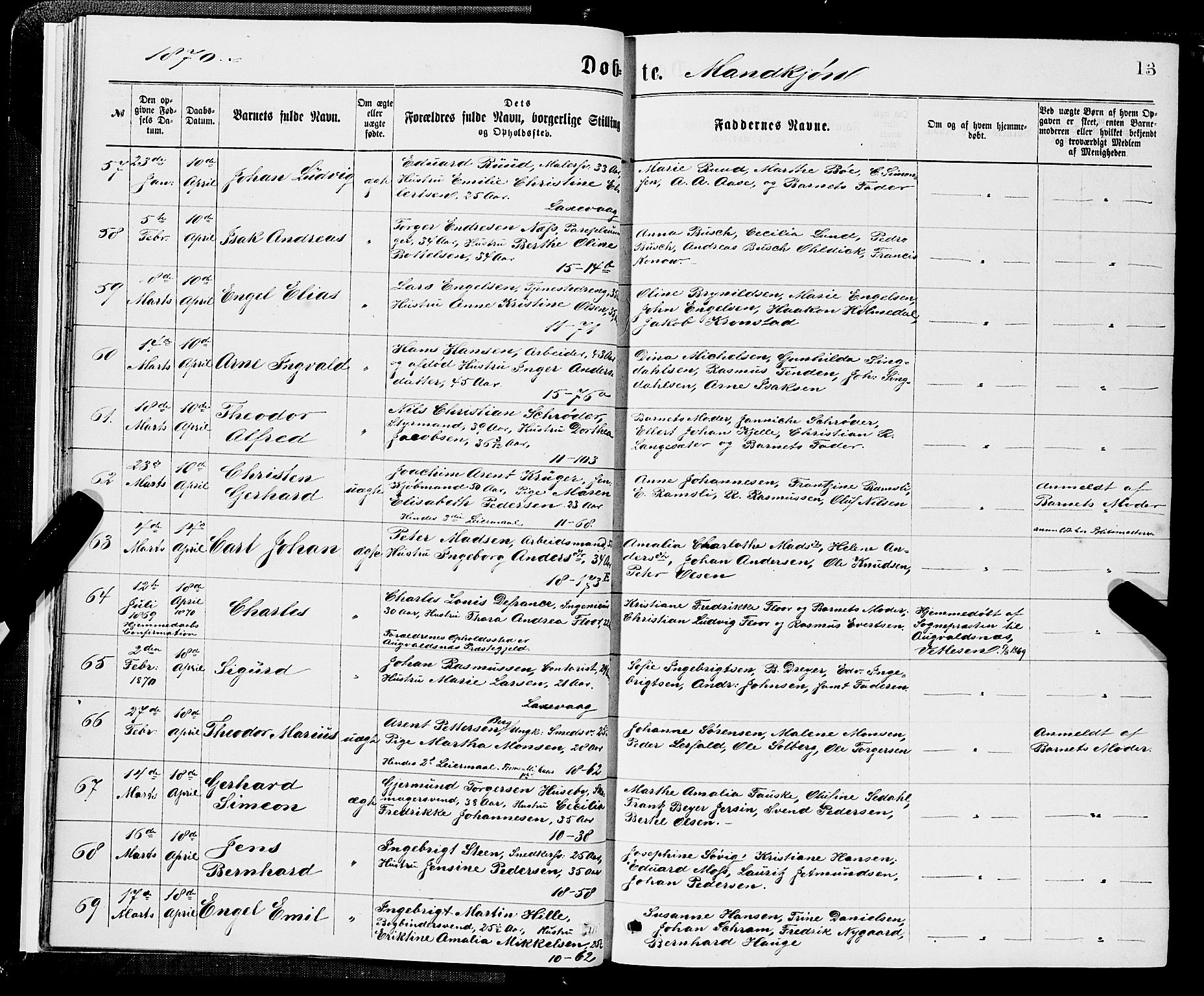 Domkirken sokneprestembete, AV/SAB-A-74801/H/Hab/L0013: Klokkerbok nr. B 6, 1869-1876, s. 13