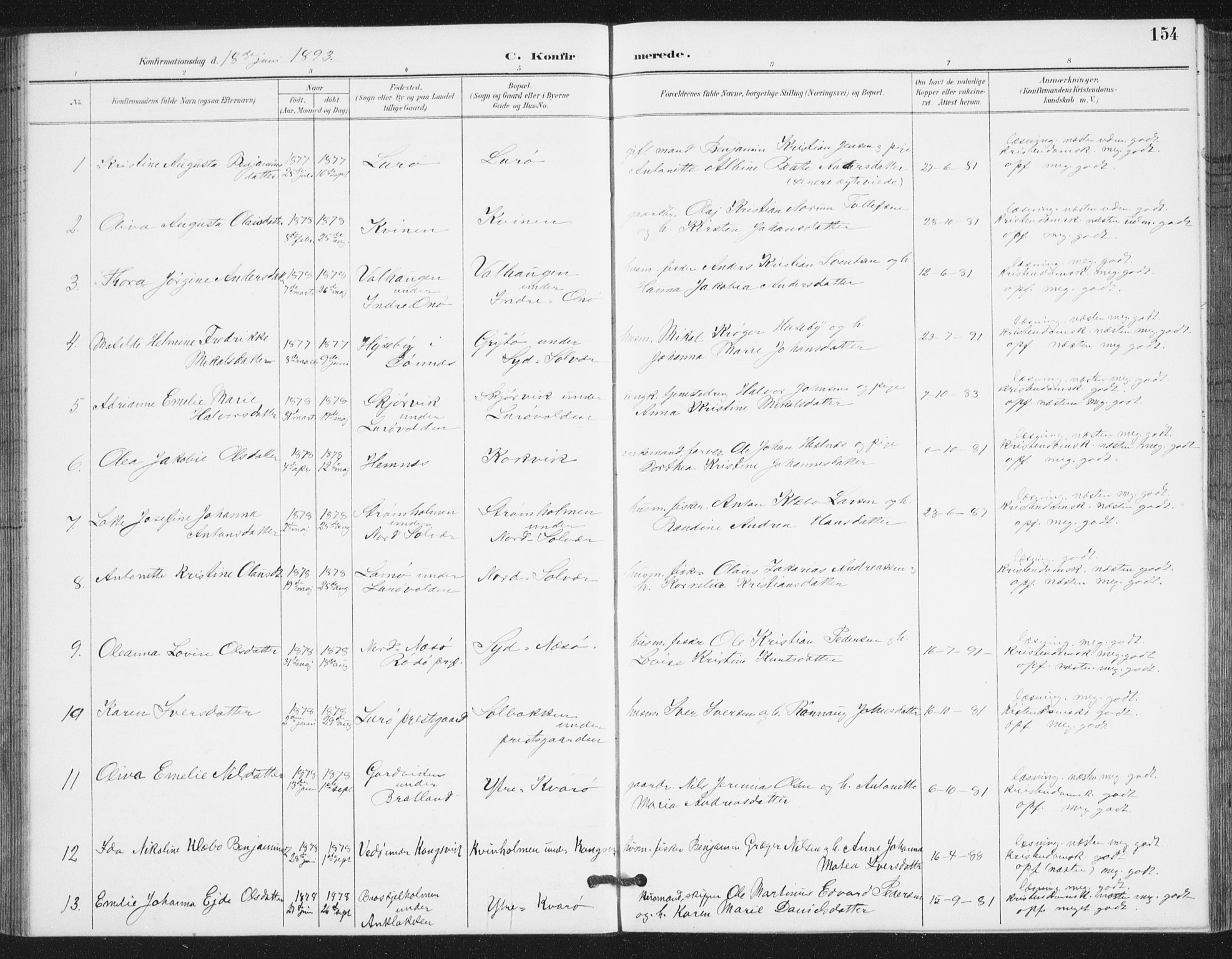 Ministerialprotokoller, klokkerbøker og fødselsregistre - Nordland, AV/SAT-A-1459/839/L0573: Klokkerbok nr. 839C03, 1892-1917, s. 154