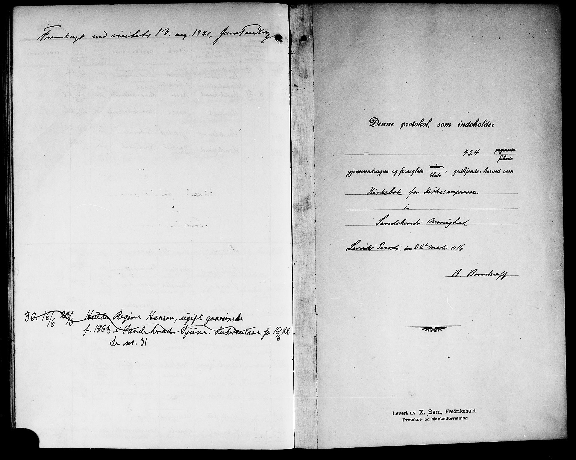 Sandar kirkebøker, AV/SAKO-A-243/G/Ga/L0003: Klokkerbok nr. 3, 1916-1922
