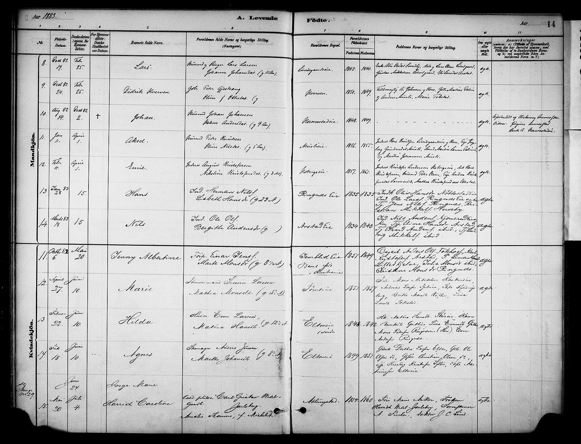 Stange prestekontor, AV/SAH-PREST-002/K/L0019: Ministerialbok nr. 19, 1880-1891, s. 14