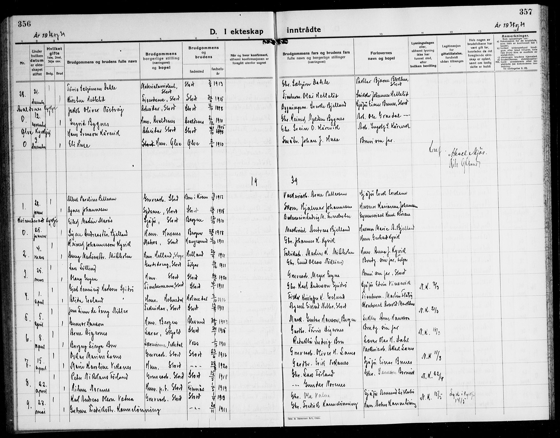 Stord sokneprestembete, AV/SAB-A-78201/H/Hab: Klokkerbok nr. A 5, 1933-1945, s. 356-357