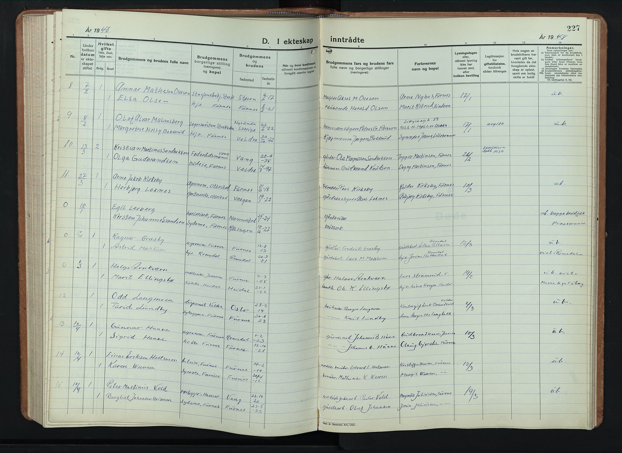 Furnes prestekontor, AV/SAH-PREST-012/L/La/L0002: Klokkerbok nr. 2, 1934-1956, s. 227