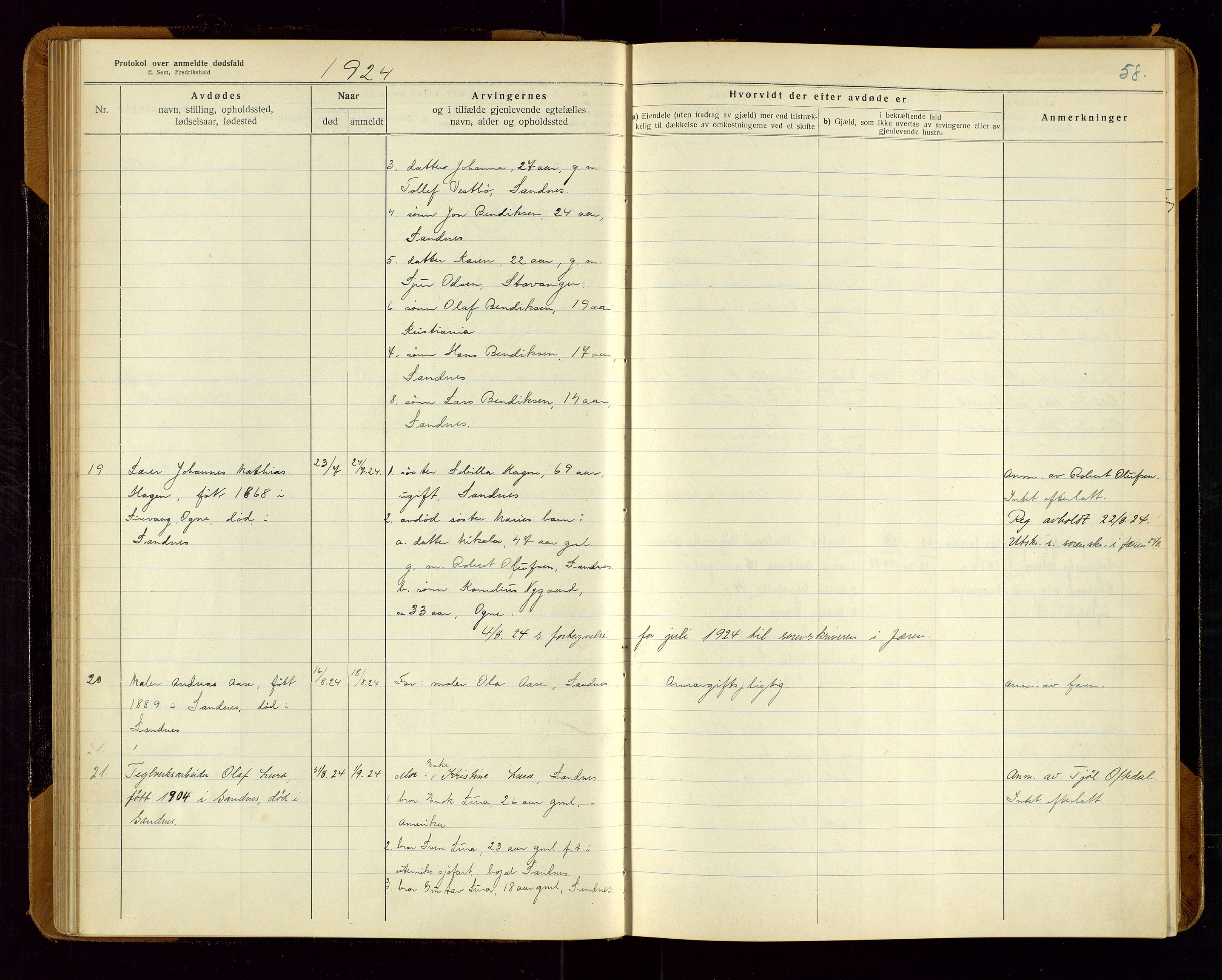 Sandnes lensmannskontor, AV/SAST-A-100167/Gga/L0001: "Protokol over anmeldte dødsfald" m/register, 1918-1940, s. 58