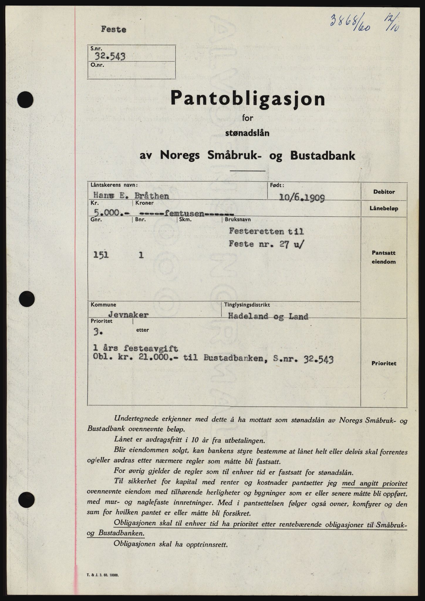 Hadeland og Land tingrett, SAH/TING-010/H/Hb/Hbc/L0044: Pantebok nr. B44, 1960-1961, Dagboknr: 3868/1960