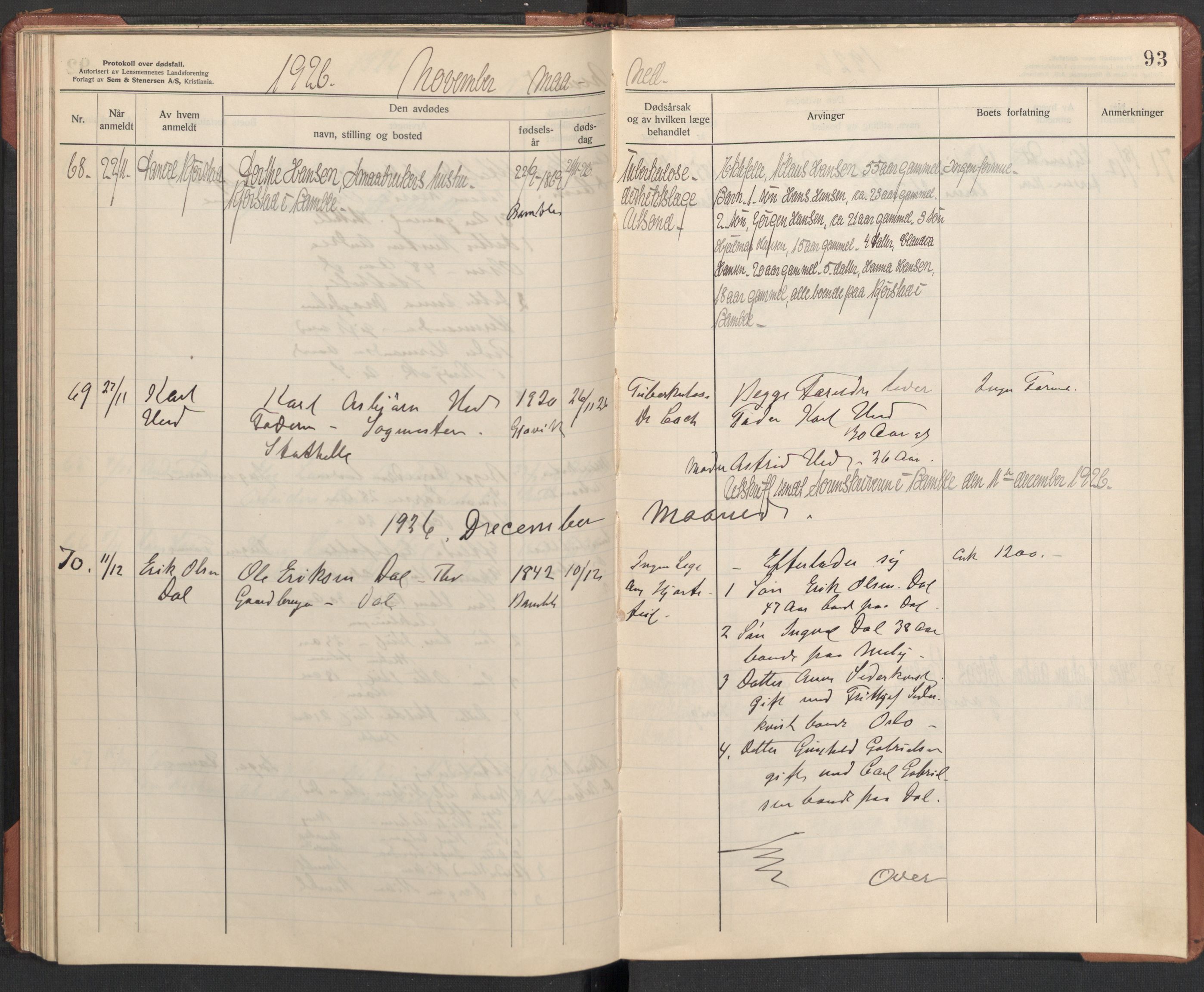 Bamble lensmannskontor, AV/SAKO-A-552/H/Ha/Haa/L0004: Dødsfallsprotokoll, 1923-1926, s. 93