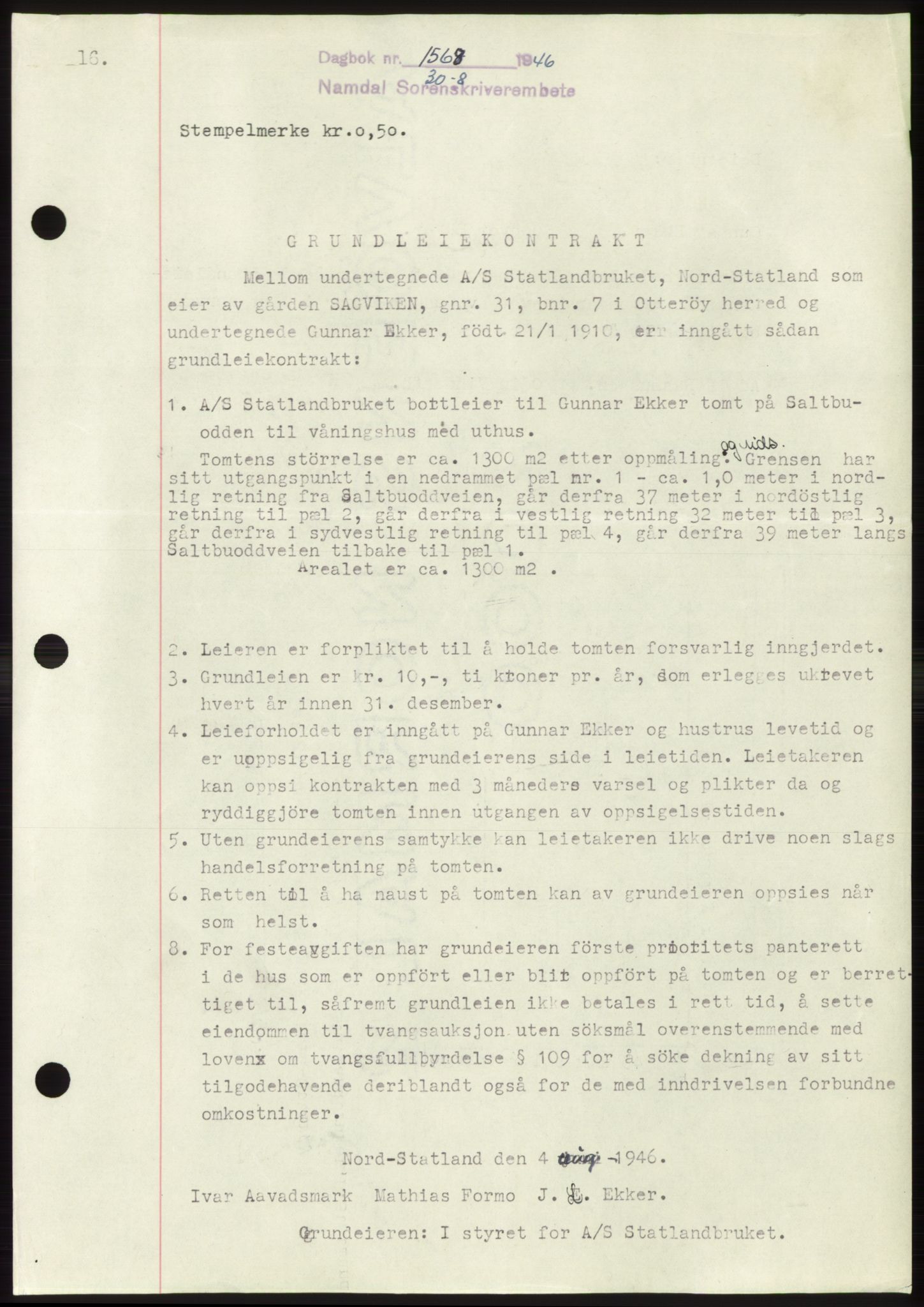 Namdal sorenskriveri, SAT/A-4133/1/2/2C: Pantebok nr. -, 1946-1946, Dagboknr: 1568/1946