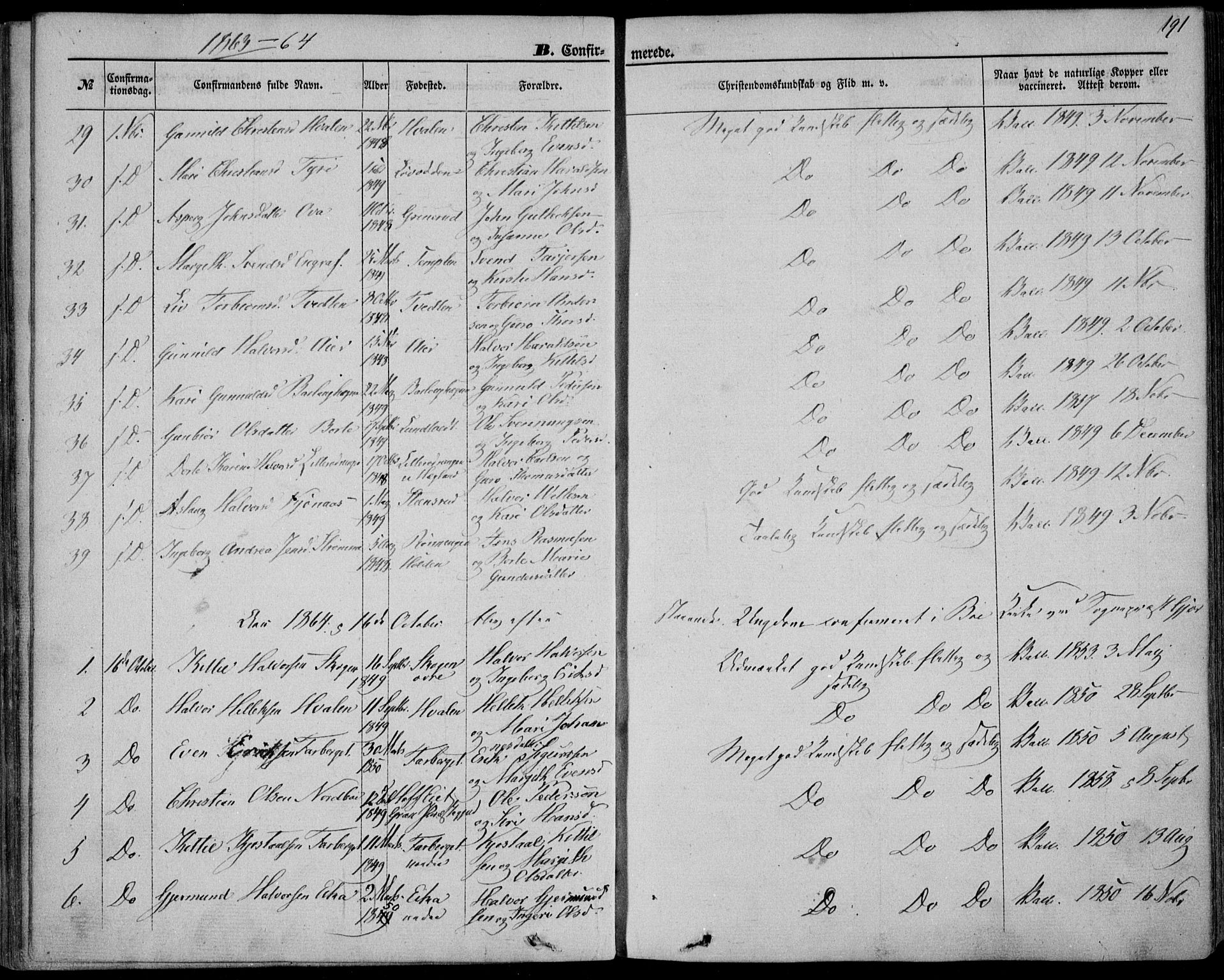 Bø kirkebøker, AV/SAKO-A-257/F/Fa/L0009: Ministerialbok nr. 9, 1862-1879, s. 191