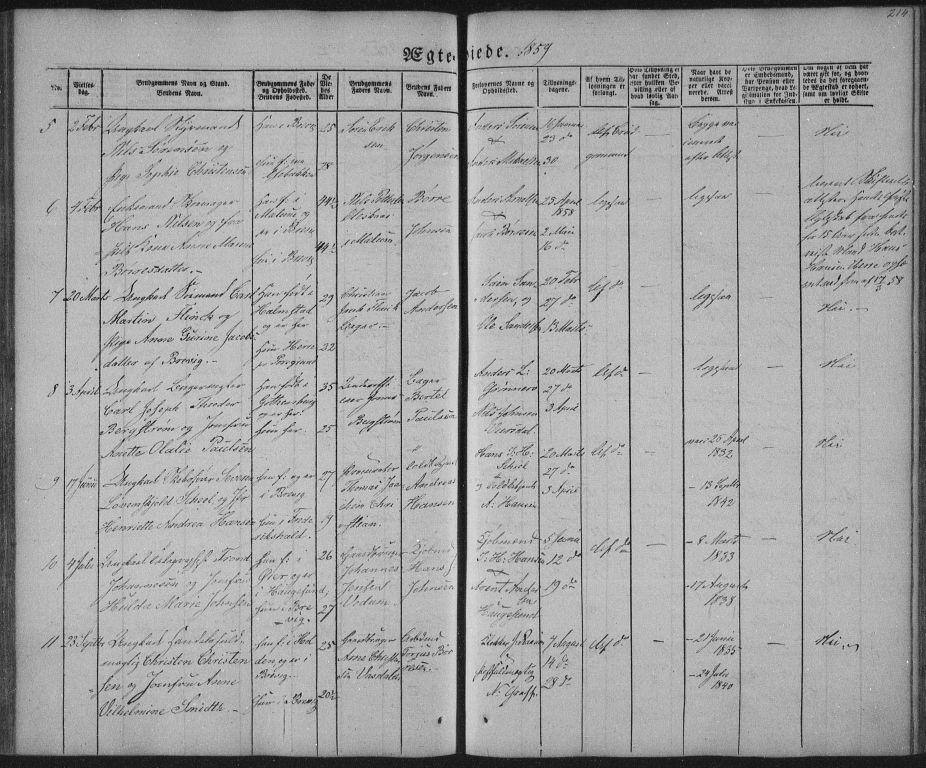 Brevik kirkebøker, AV/SAKO-A-255/F/Fa/L0005: Ministerialbok nr. 5, 1847-1865, s. 214