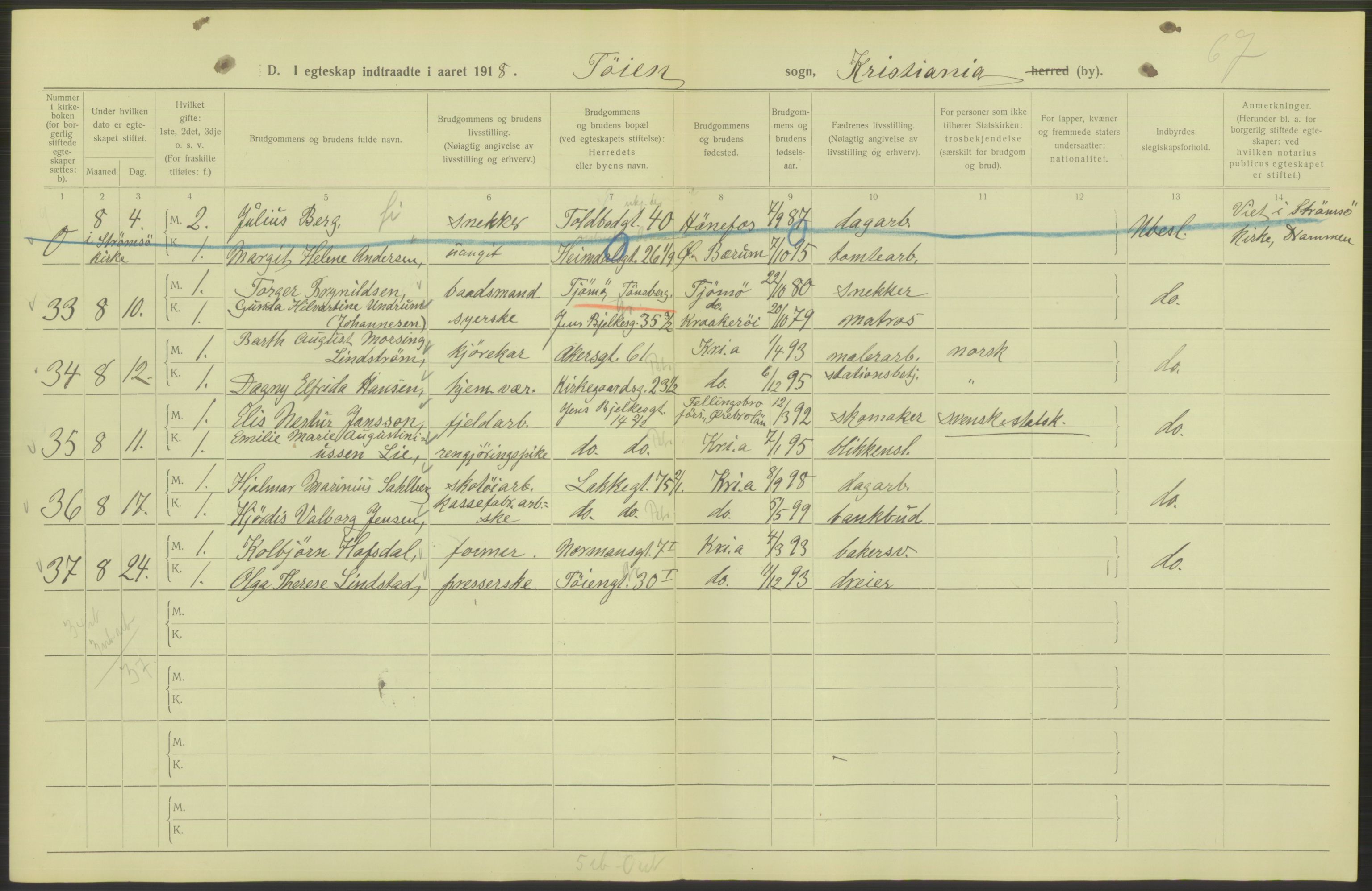 Statistisk sentralbyrå, Sosiodemografiske emner, Befolkning, AV/RA-S-2228/D/Df/Dfb/Dfbh/L0009: Kristiania: Gifte, 1918, s. 1050