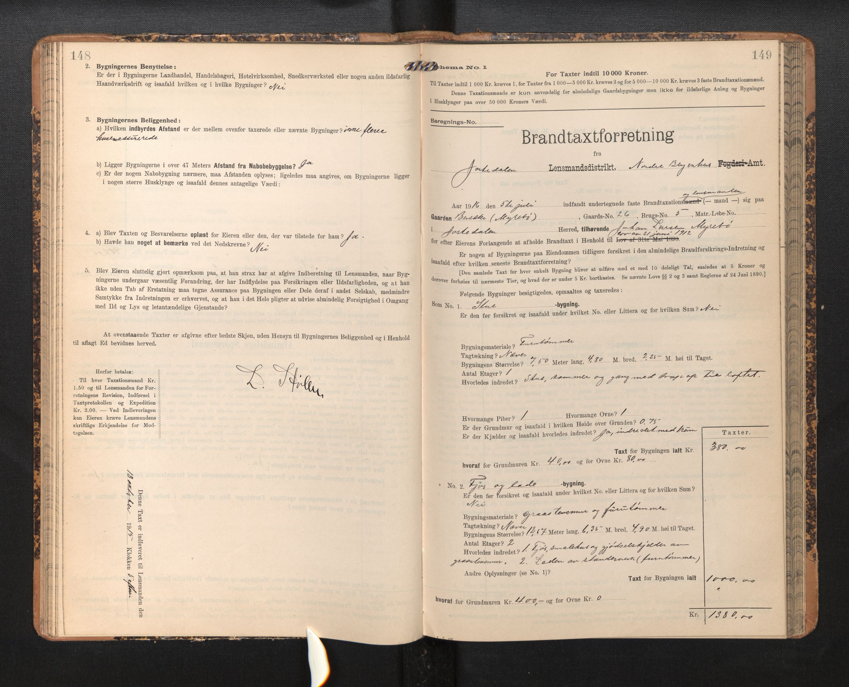 Lensmannen i Jostedal, SAB/A-28601/0012/L0004: Branntakstprotokoll, skjematakst, 1906-1919, s. 148-149