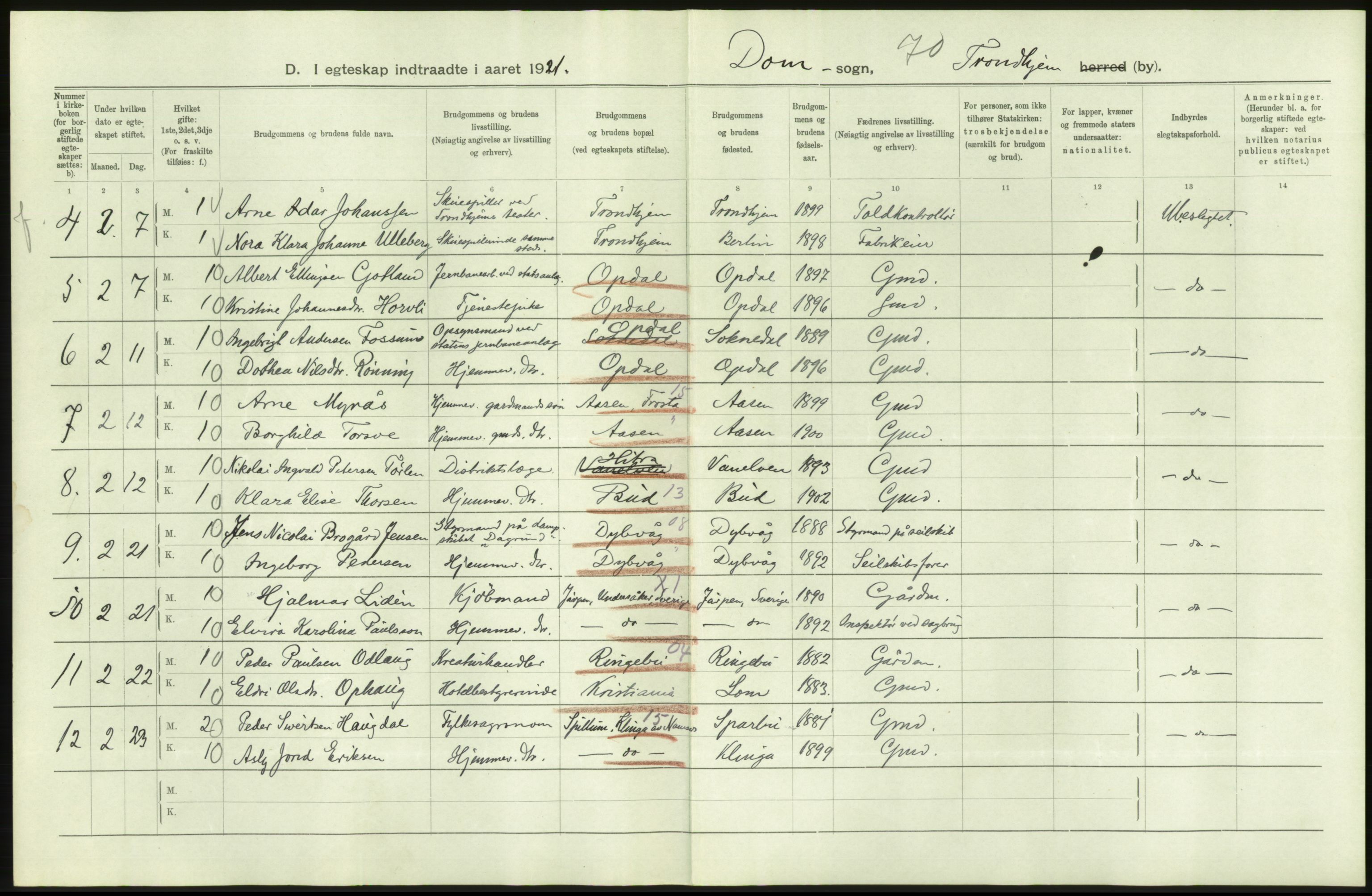 Statistisk sentralbyrå, Sosiodemografiske emner, Befolkning, AV/RA-S-2228/D/Df/Dfc/Dfca/L0045: Trondheim: Levendefødte menn og kvinner, gifte., 1921, s. 42