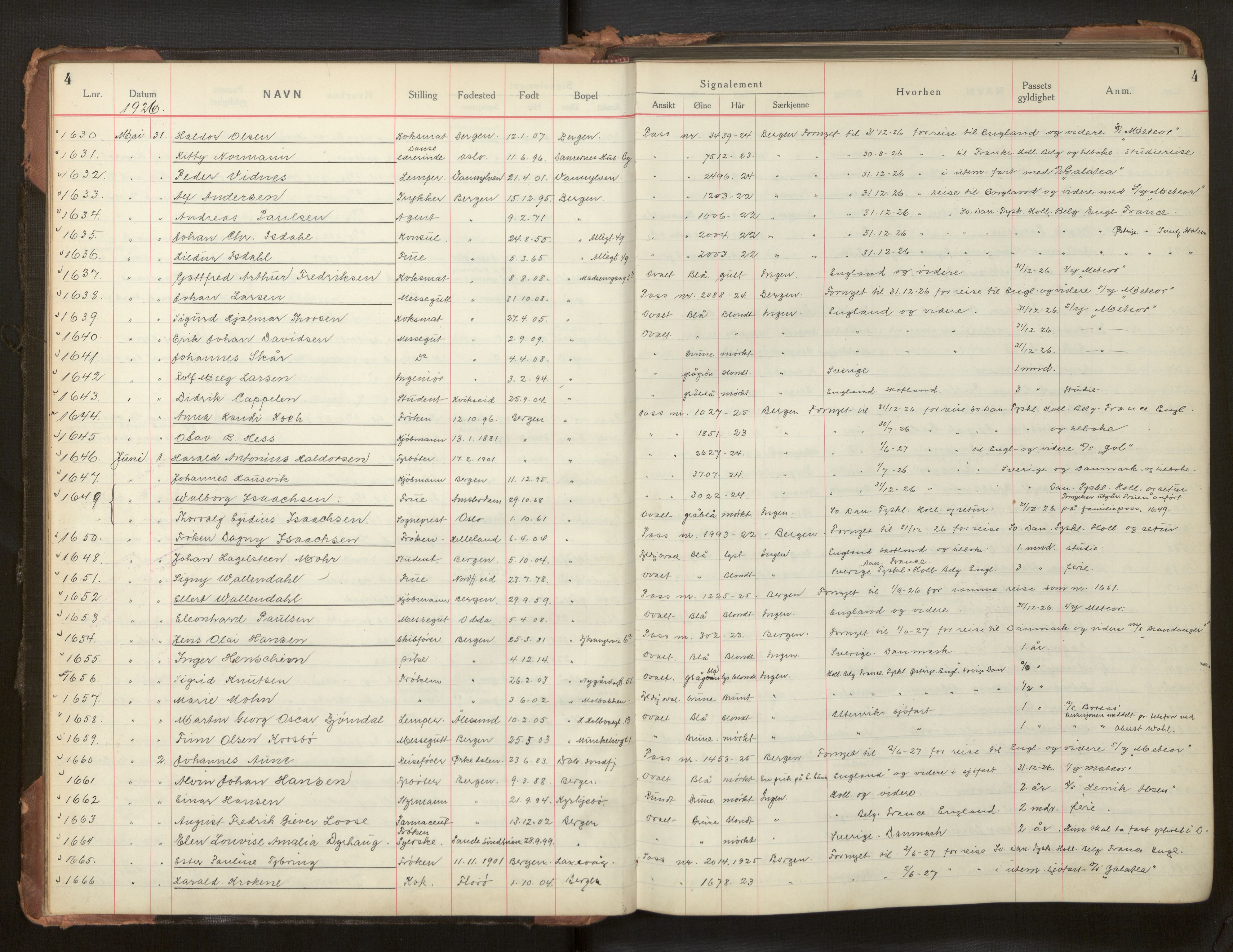 Bergen politikammer / politidistrikt, AV/SAB-A-60401/L/La/Lab/L0011: Passprotokoll, 1926-1928