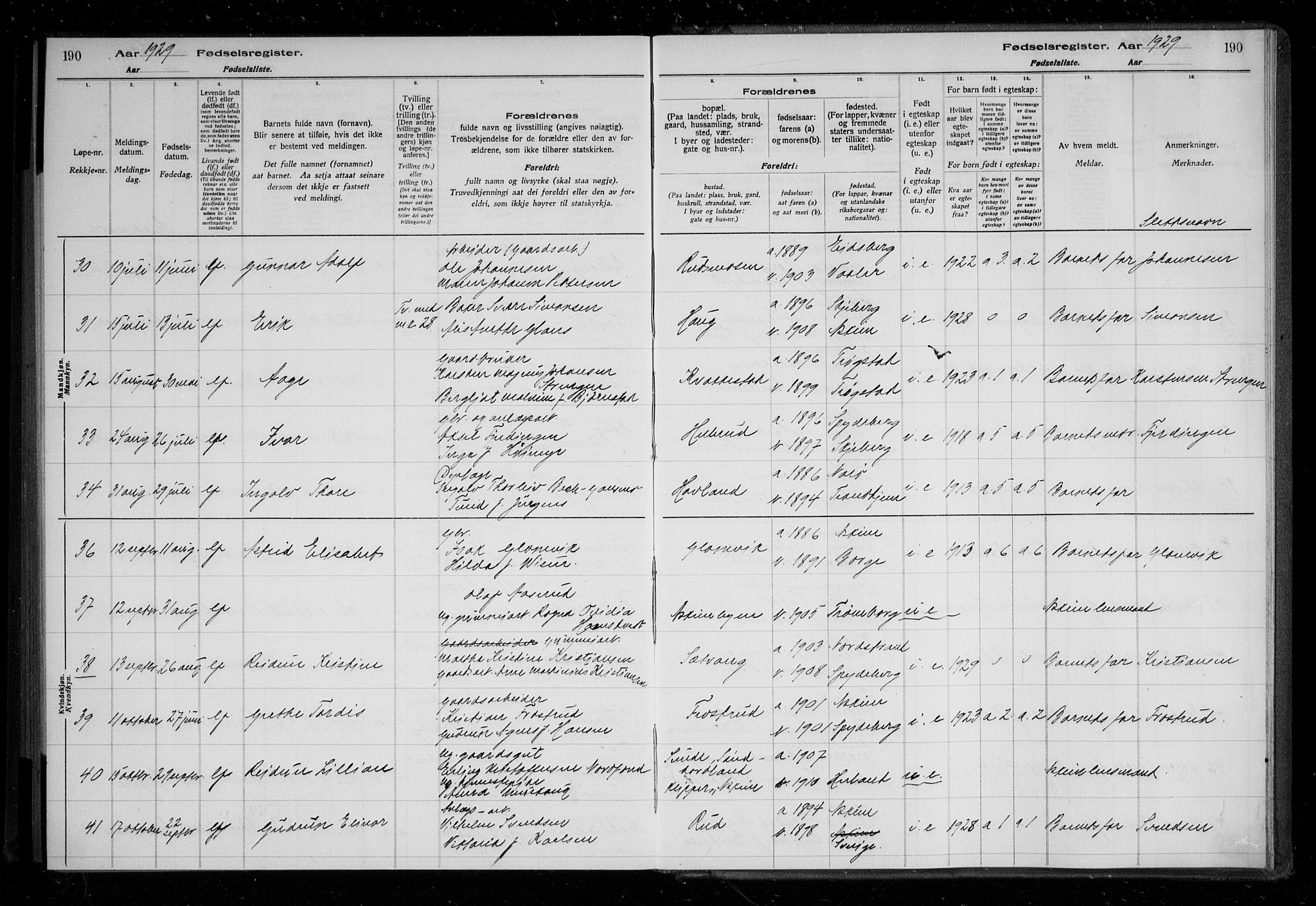 Askim prestekontor Kirkebøker, AV/SAO-A-10900/J/Ja/L0001: Fødselsregister nr. 1, 1916-1929, s. 190