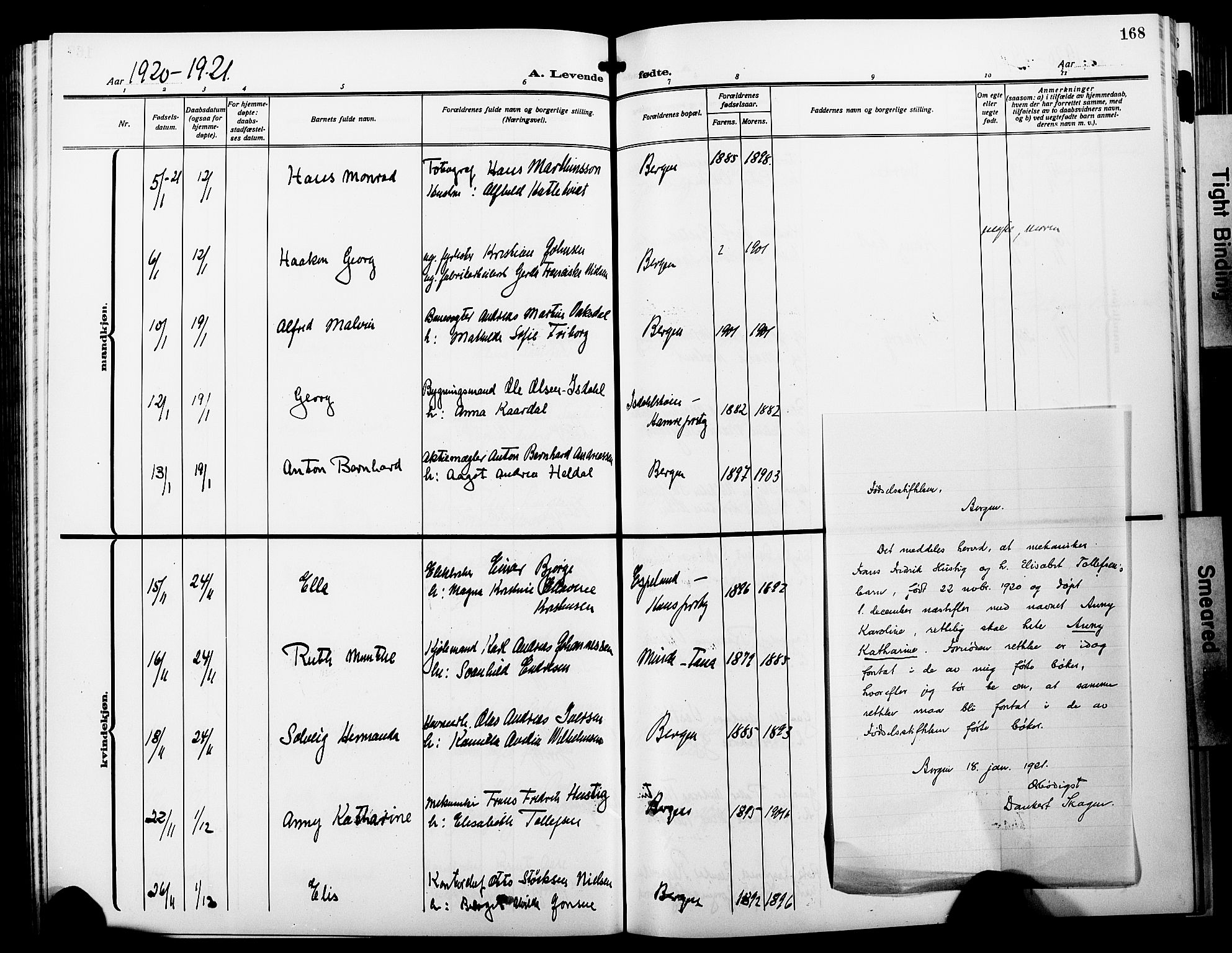 Fødselsstiftelsens sokneprestembete*, SAB/-: Klokkerbok nr. A 3, 1916-1925, s. 168