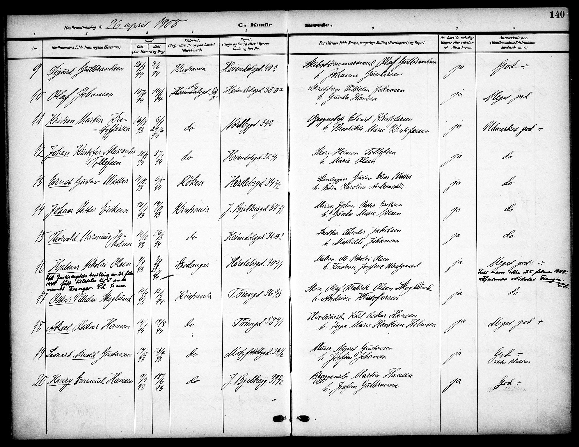 Tøyen prestekontor Kirkebøker, AV/SAO-A-10167a/F/Fa/L0001: Ministerialbok nr. I 1, 1907-1916, s. 140