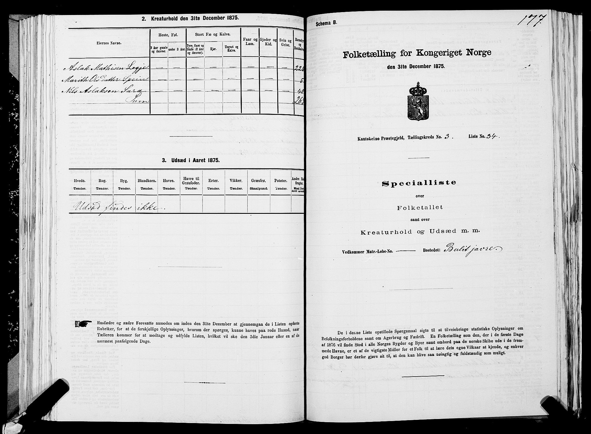 SATØ, Folketelling 1875 for 2011P Kautokeino prestegjeld, 1875, s. 1177