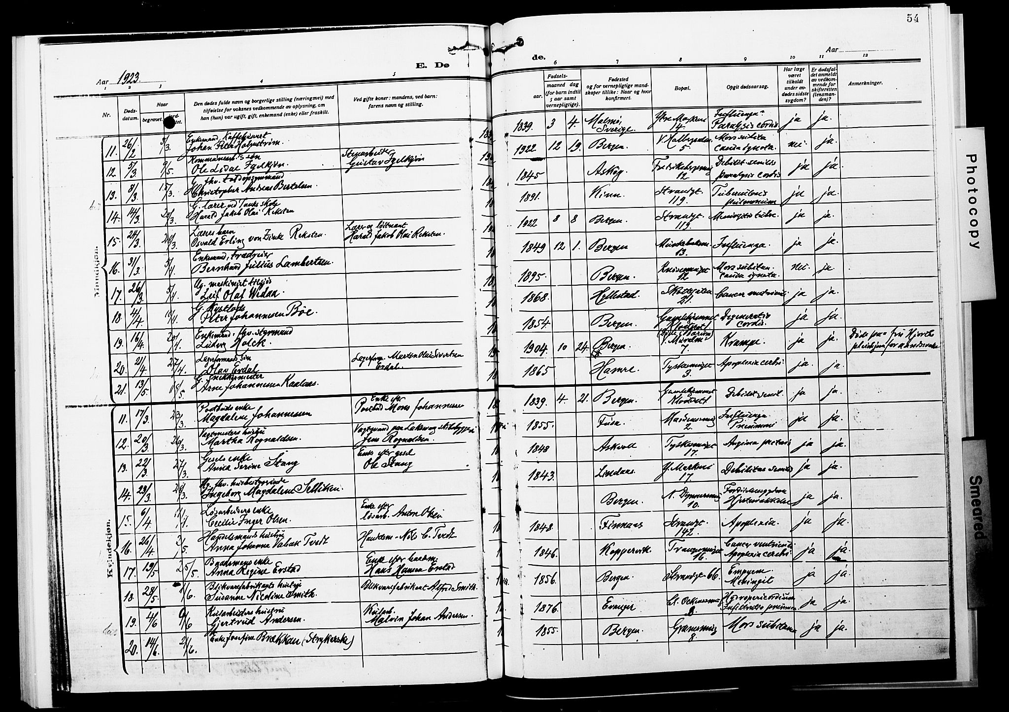 Nykirken Sokneprestembete, AV/SAB-A-77101/H/Hab: Klokkerbok nr. E 2, 1918-1924, s. 54