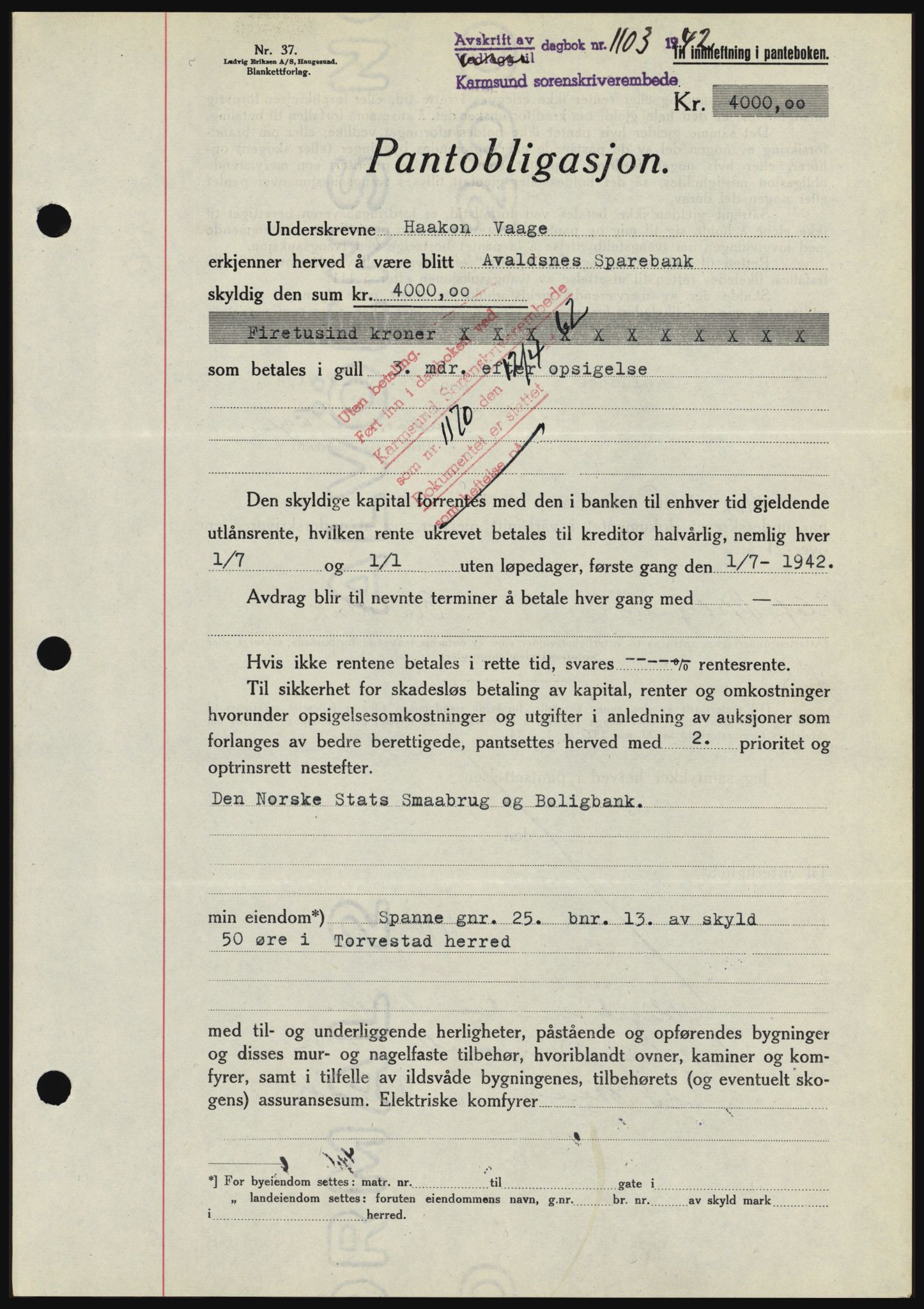 Karmsund sorenskriveri, SAST/A-100311/01/II/IIBBE/L0008: Pantebok nr. B 54, 1942-1943, Dagboknr: 1103/1942