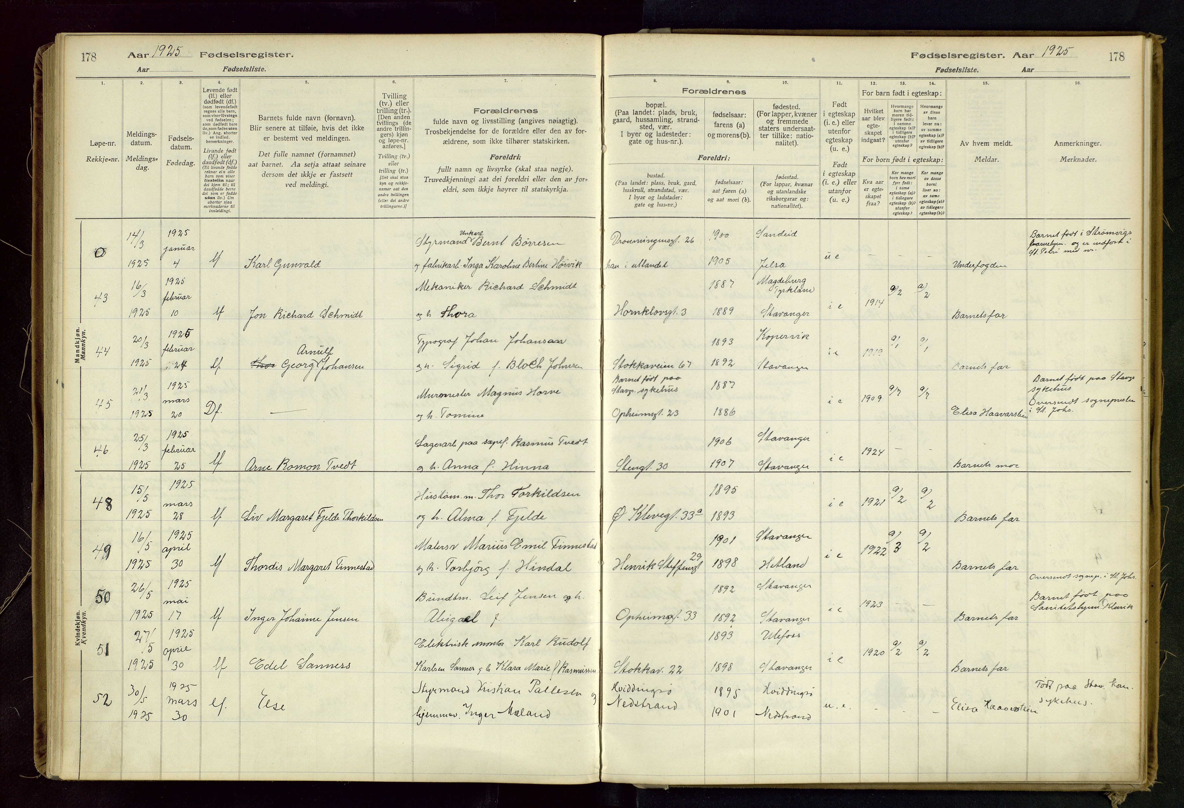 Domkirken sokneprestkontor, SAST/A-101812/002/B/L0002: Fødselsregister nr. 2, 1920-1925, s. 178