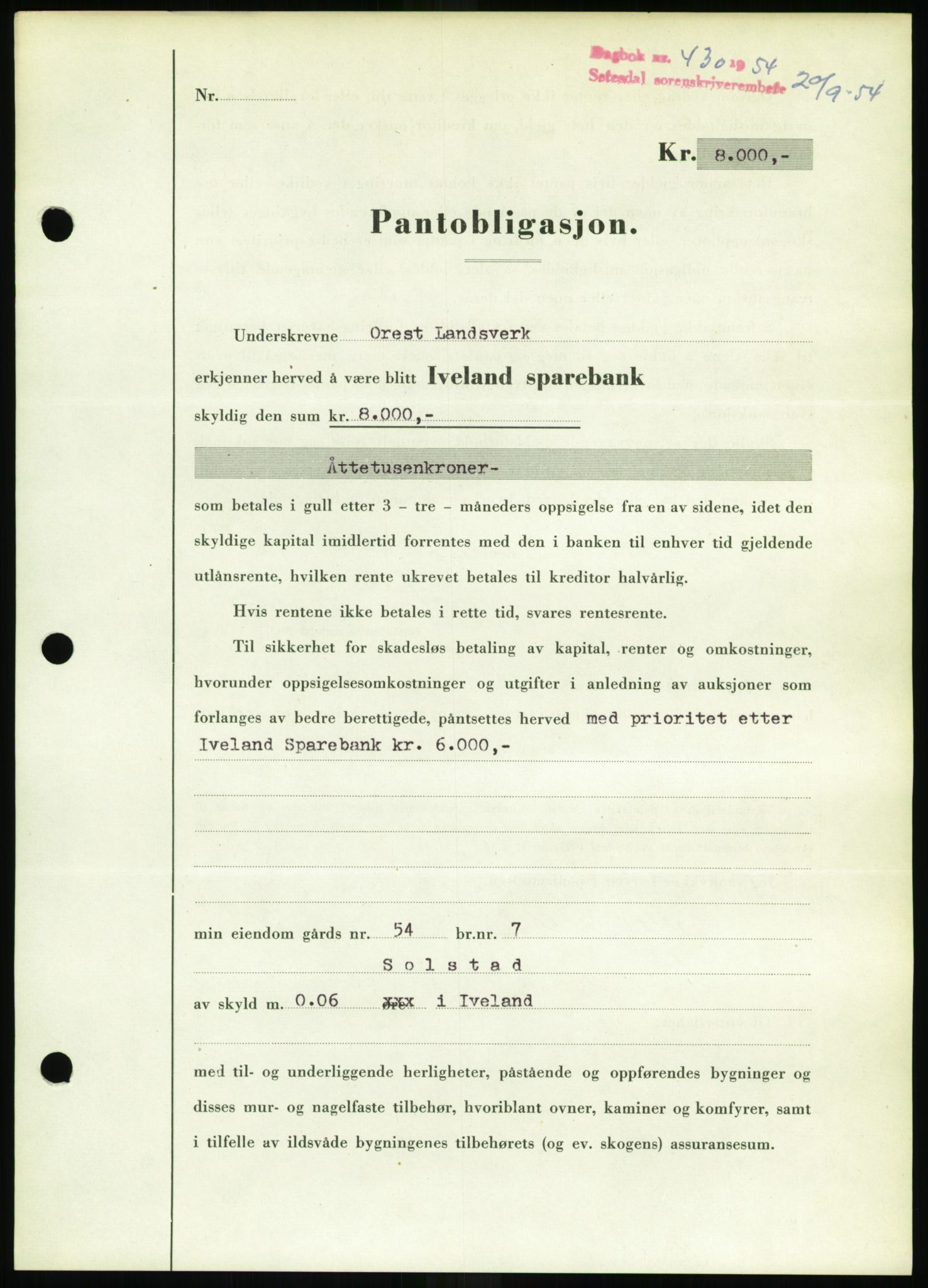 Setesdal sorenskriveri, SAK/1221-0011/G/Gb/L0052: Pantebok nr. B 40, 1954-1955, Dagboknr: 430/1954