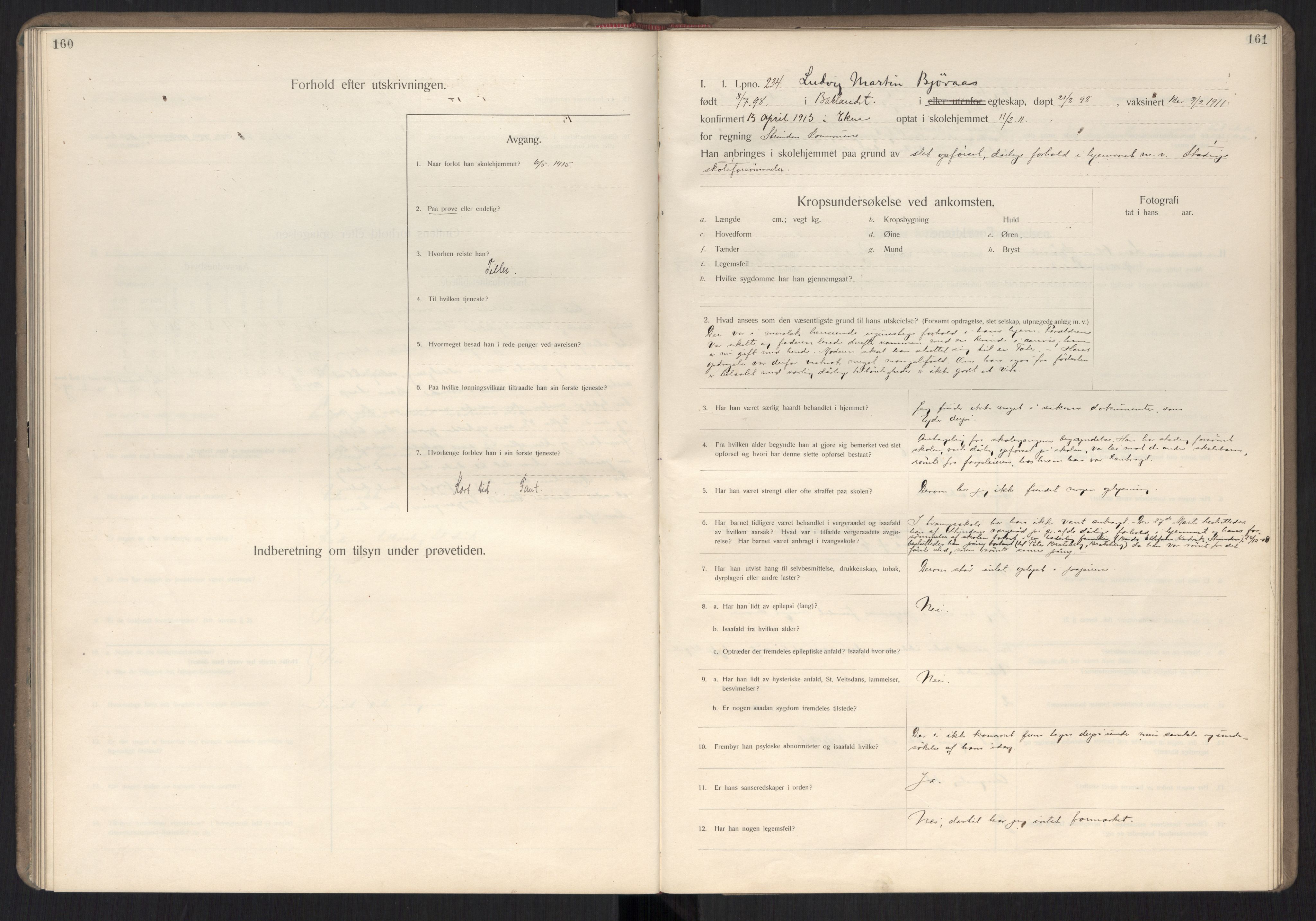 Falstad skolehjem, RA/S-1676/E/Ea/L0007: Elevprotokoll nr. 3 løpenr. 194-268, 1909-1913, s. 160-161