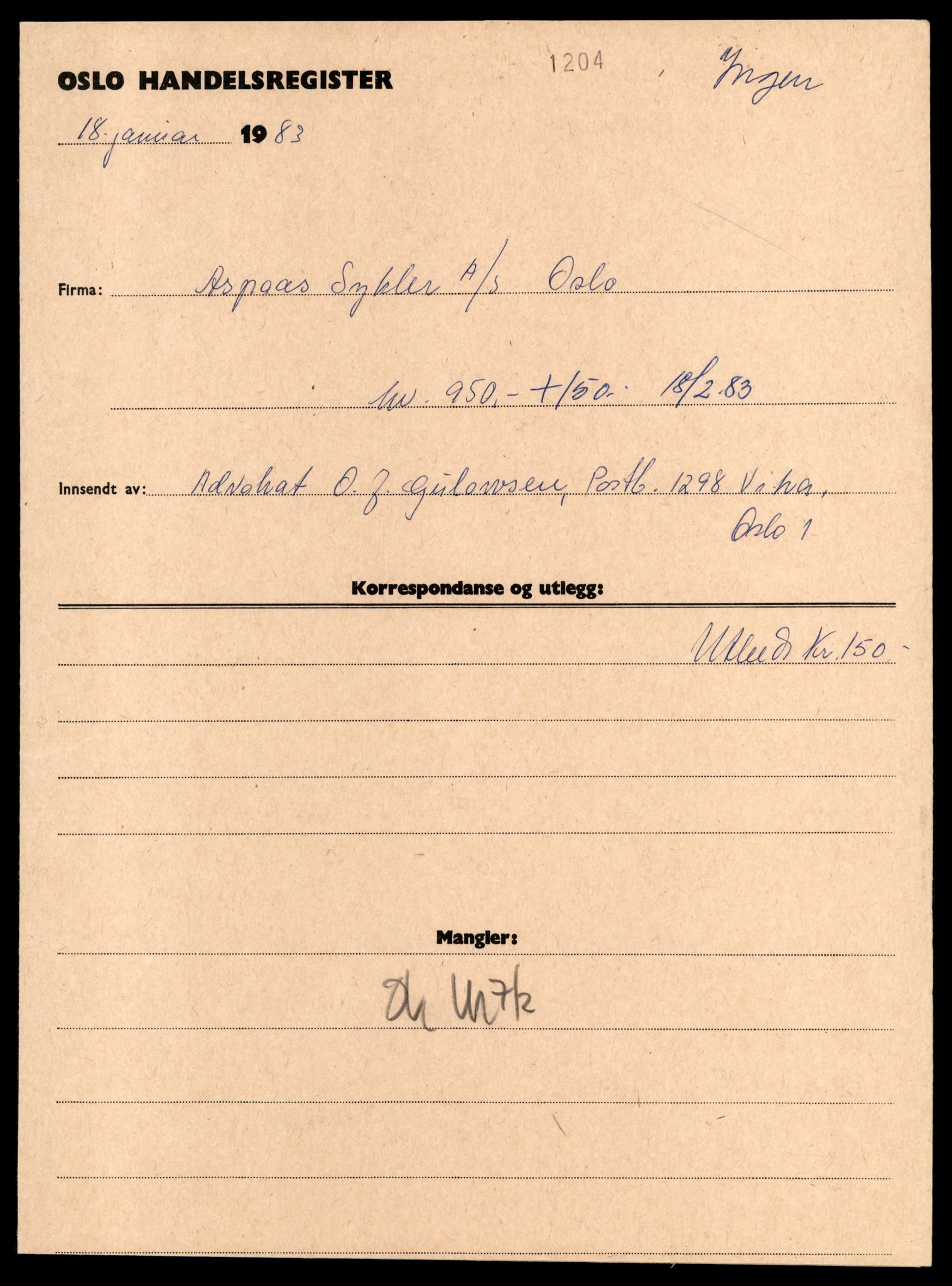 Oslo byfogd, Handelsregisteret, SAT/A-10867/G/Gc/Gca/L0046: Ikke konverterte foretak, Asp-Ast, 1890-1990, s. 1