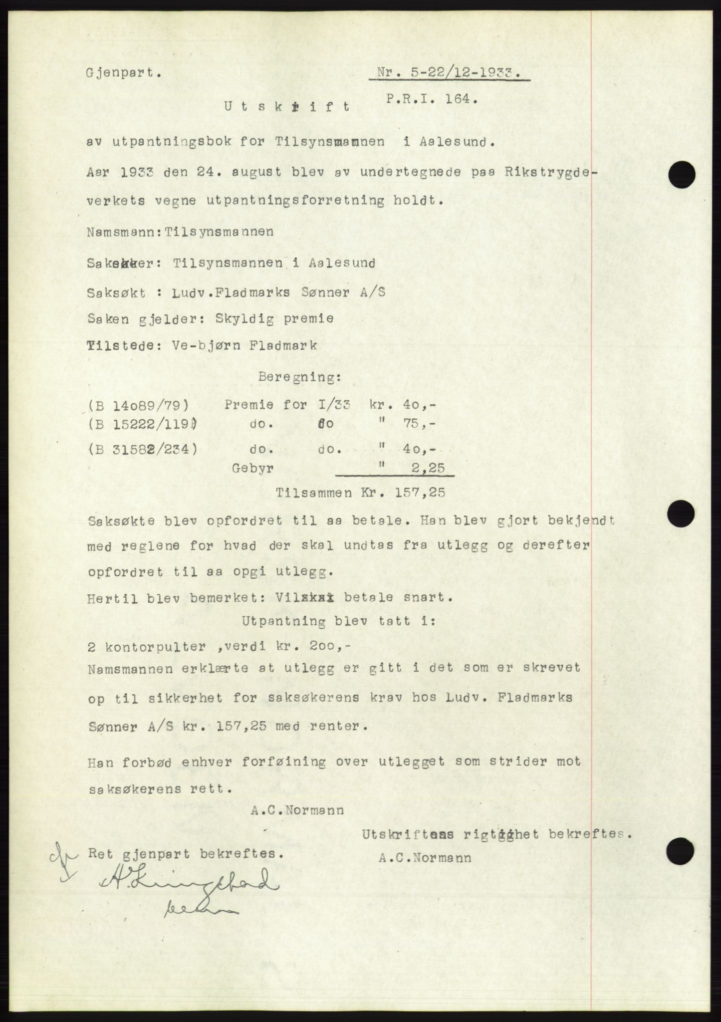 Ålesund byfogd, AV/SAT-A-4384: Pantebok nr. 31, 1933-1934, Tingl.dato: 22.12.1933