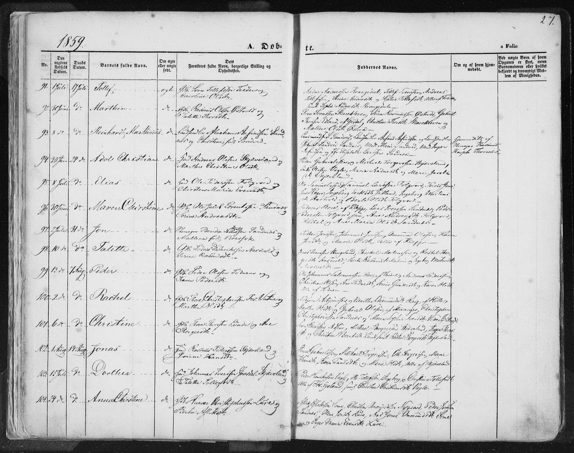 Høyland sokneprestkontor, AV/SAST-A-101799/001/30BA/L0010: Ministerialbok nr. A 9.1, 1857-1877, s. 27