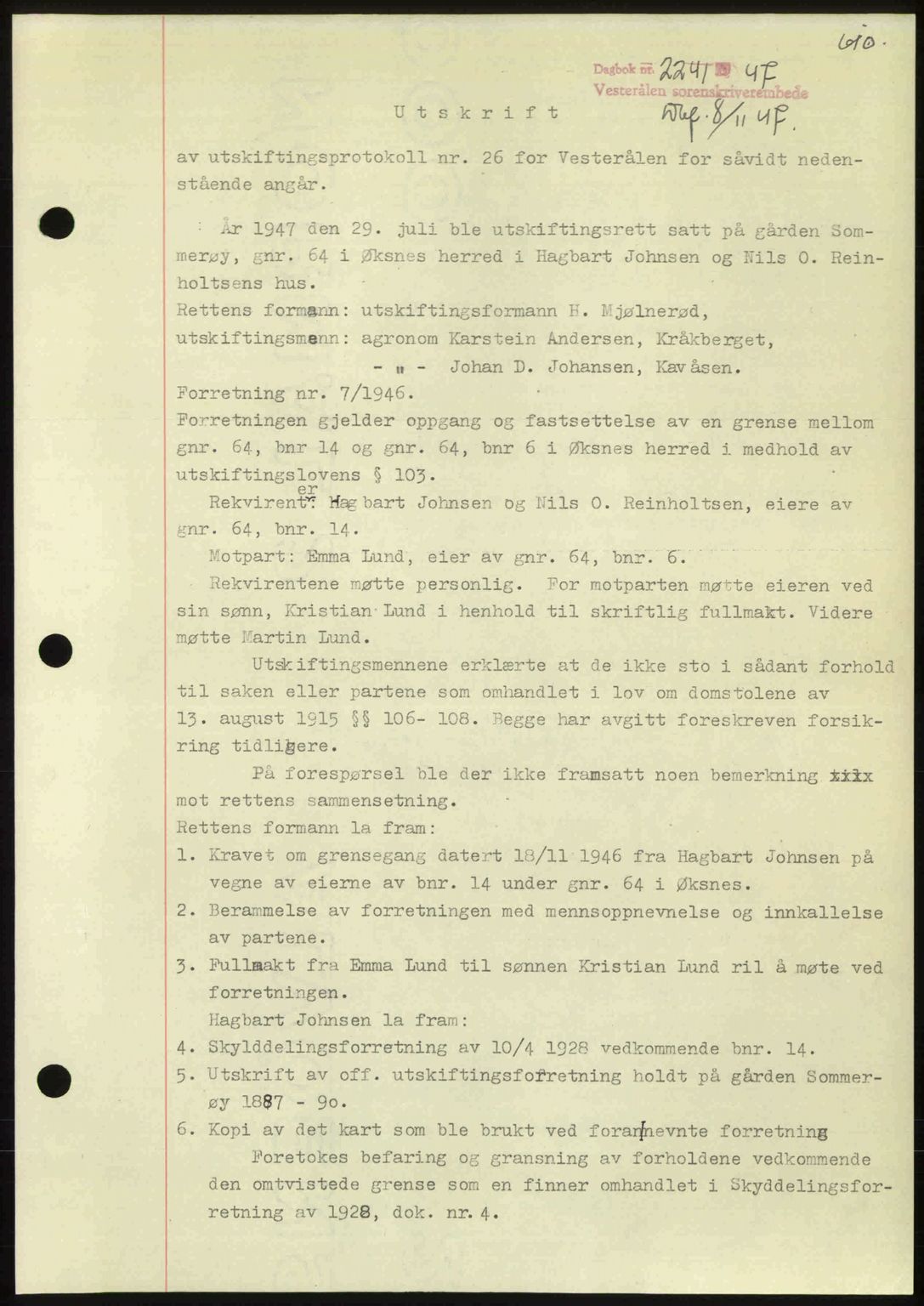 Vesterålen sorenskriveri, SAT/A-4180/1/2/2Ca: Pantebok nr. A21, 1947-1947, Dagboknr: 2241/1947