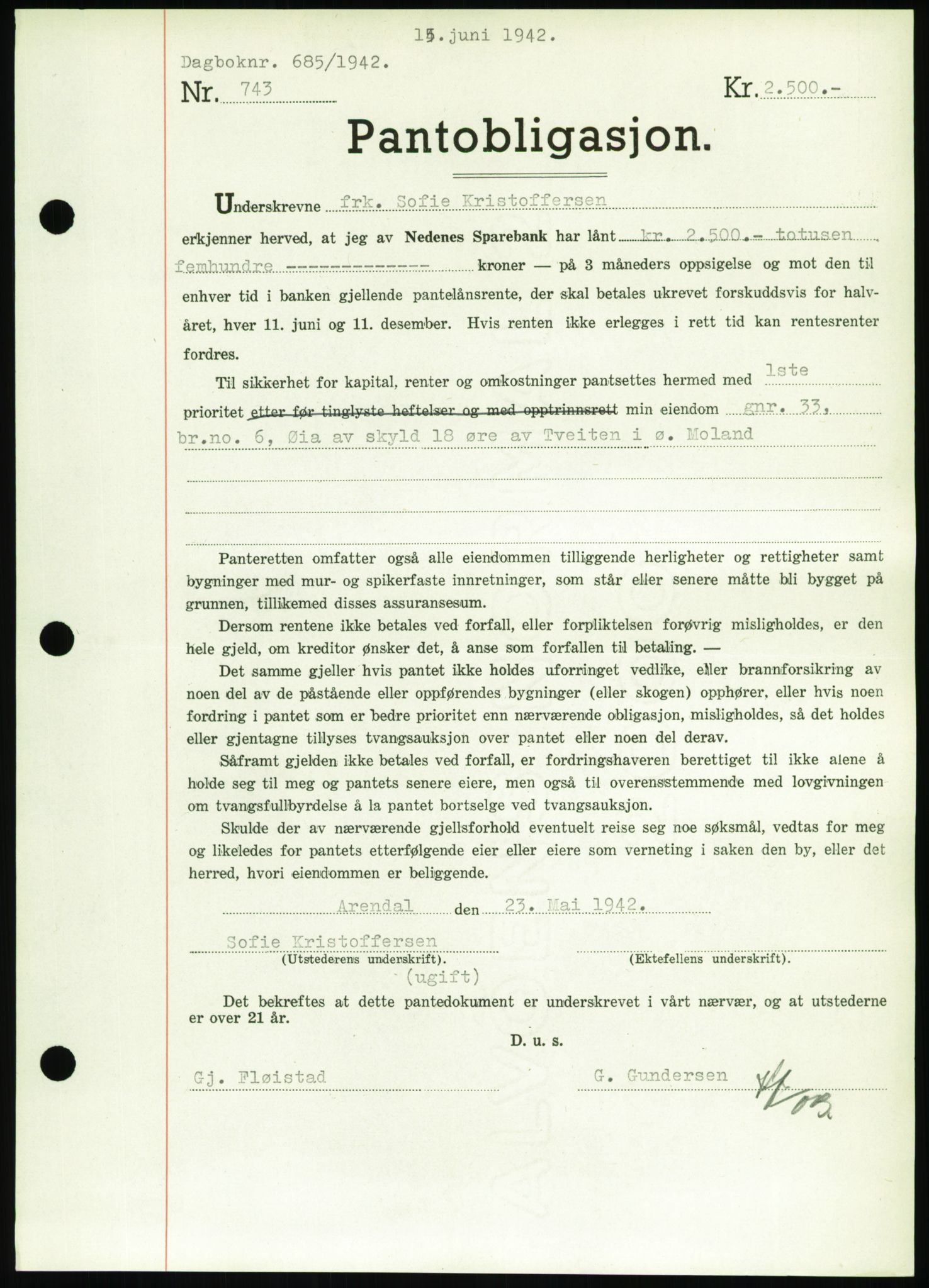 Nedenes sorenskriveri, SAK/1221-0006/G/Gb/Gbb/L0002: Pantebok nr. II, 1942-1945, Dagboknr: 685/1942