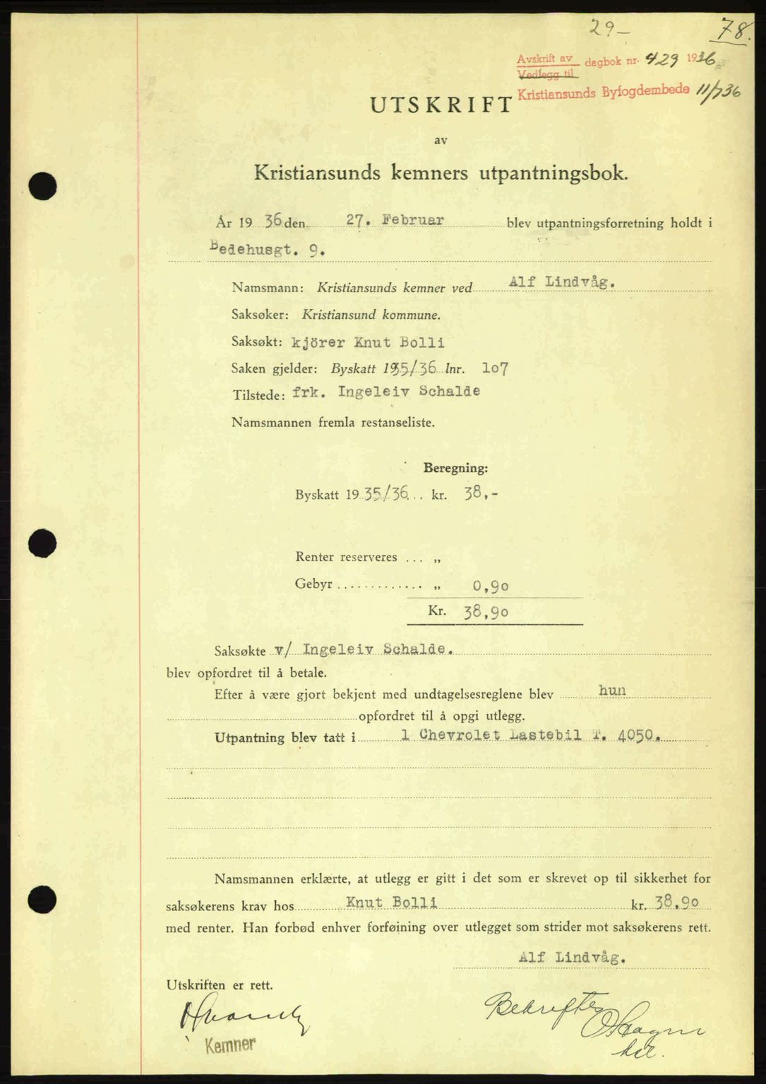 Kristiansund byfogd, SAT/A-4587/A/27: Pantebok nr. 29, 1936-1937, Dagboknr: 429/1936