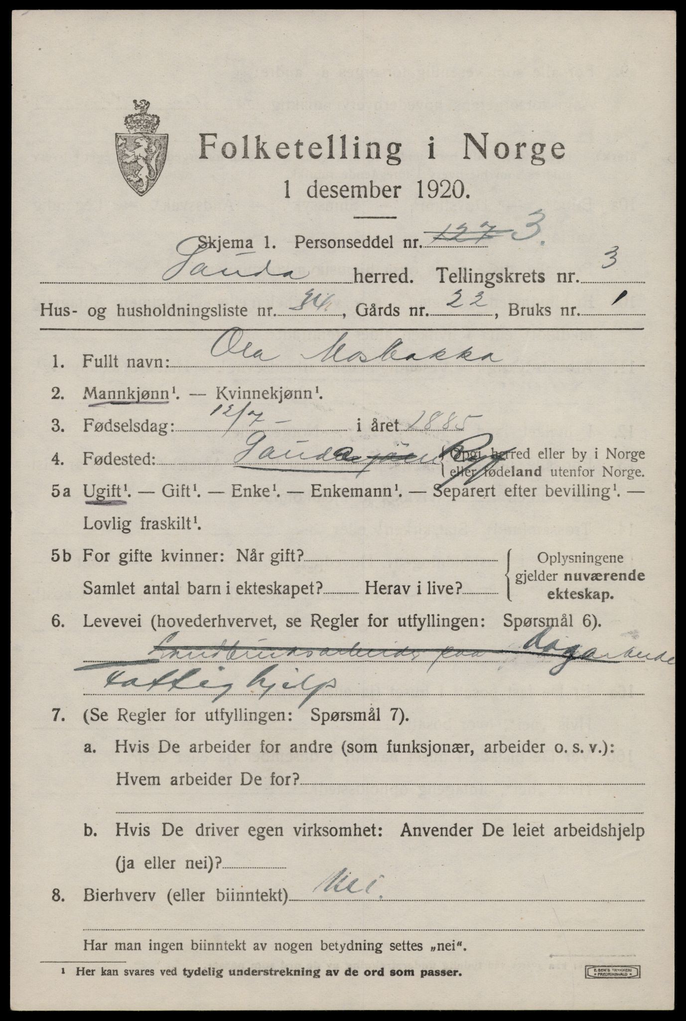 SAST, Folketelling 1920 for 1135 Sauda herred, 1920, s. 1368