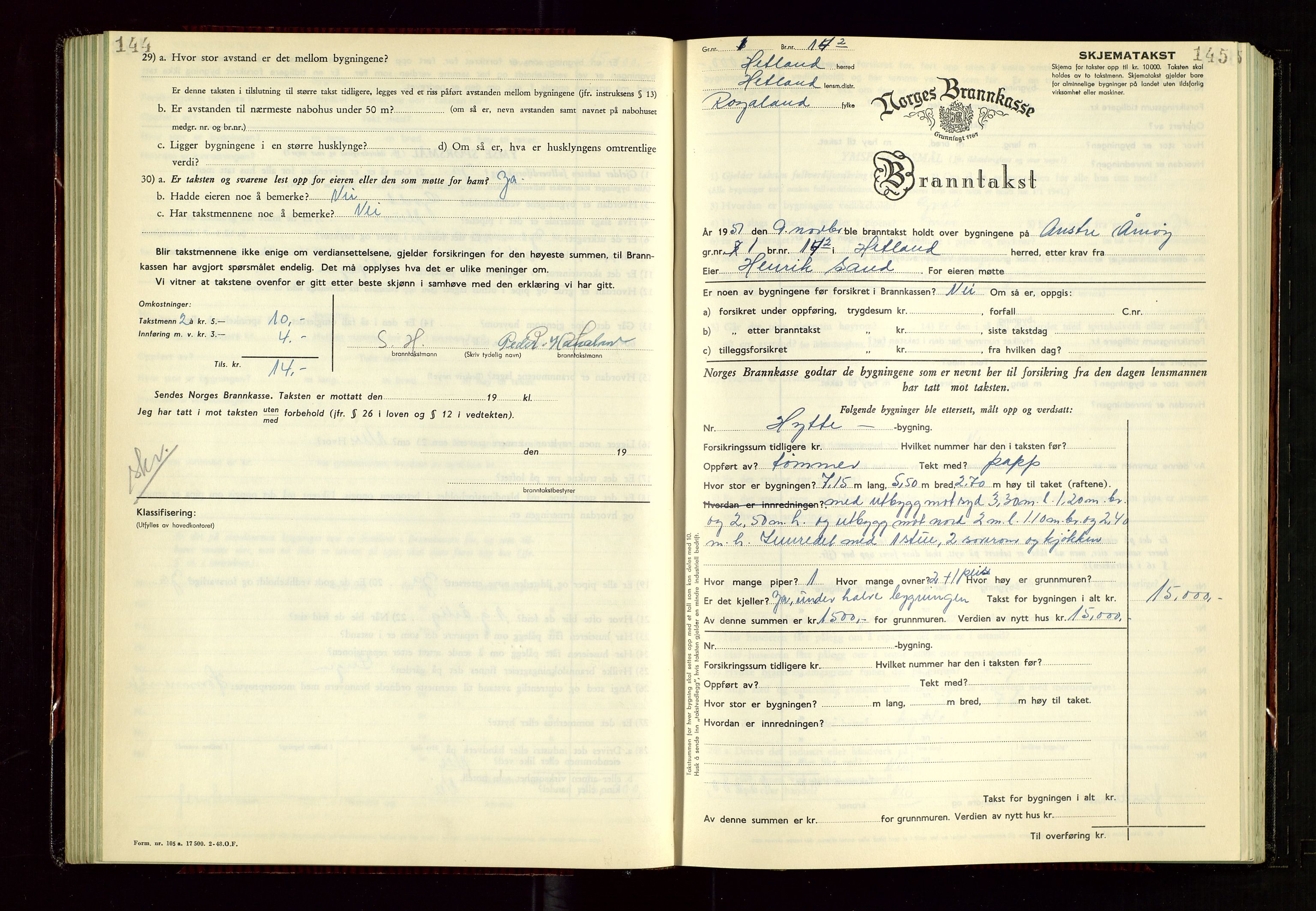 Hetland lensmannskontor, AV/SAST-A-100101/Gob/L0008: "Branntakstprotokoll", 1949-1953, s. 144-145