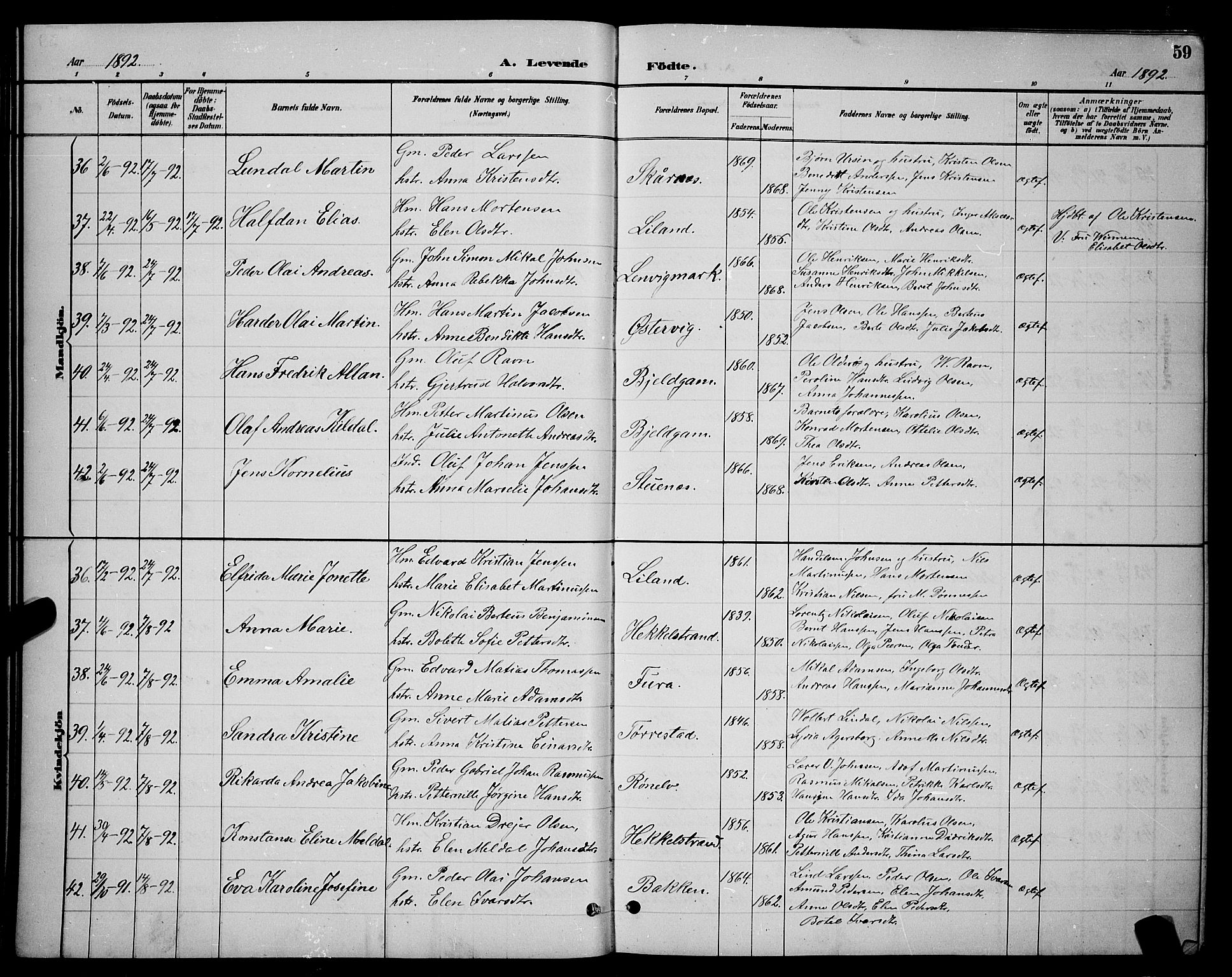 Ministerialprotokoller, klokkerbøker og fødselsregistre - Nordland, AV/SAT-A-1459/863/L0914: Klokkerbok nr. 863C04, 1886-1897, s. 59