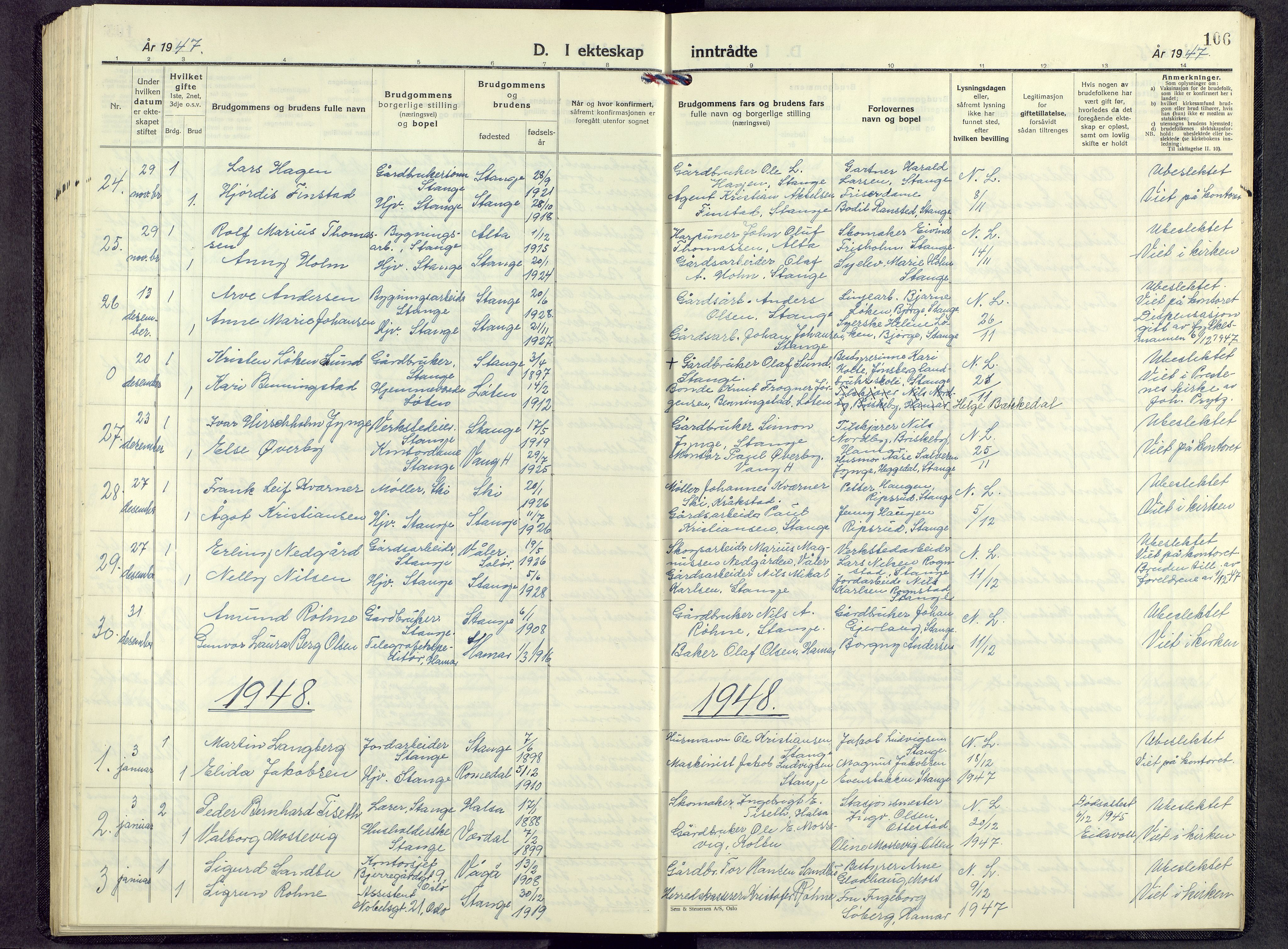 Stange prestekontor, SAH/PREST-002/L/L0022: Klokkerbok nr. 22, 1948-1954, s. 106