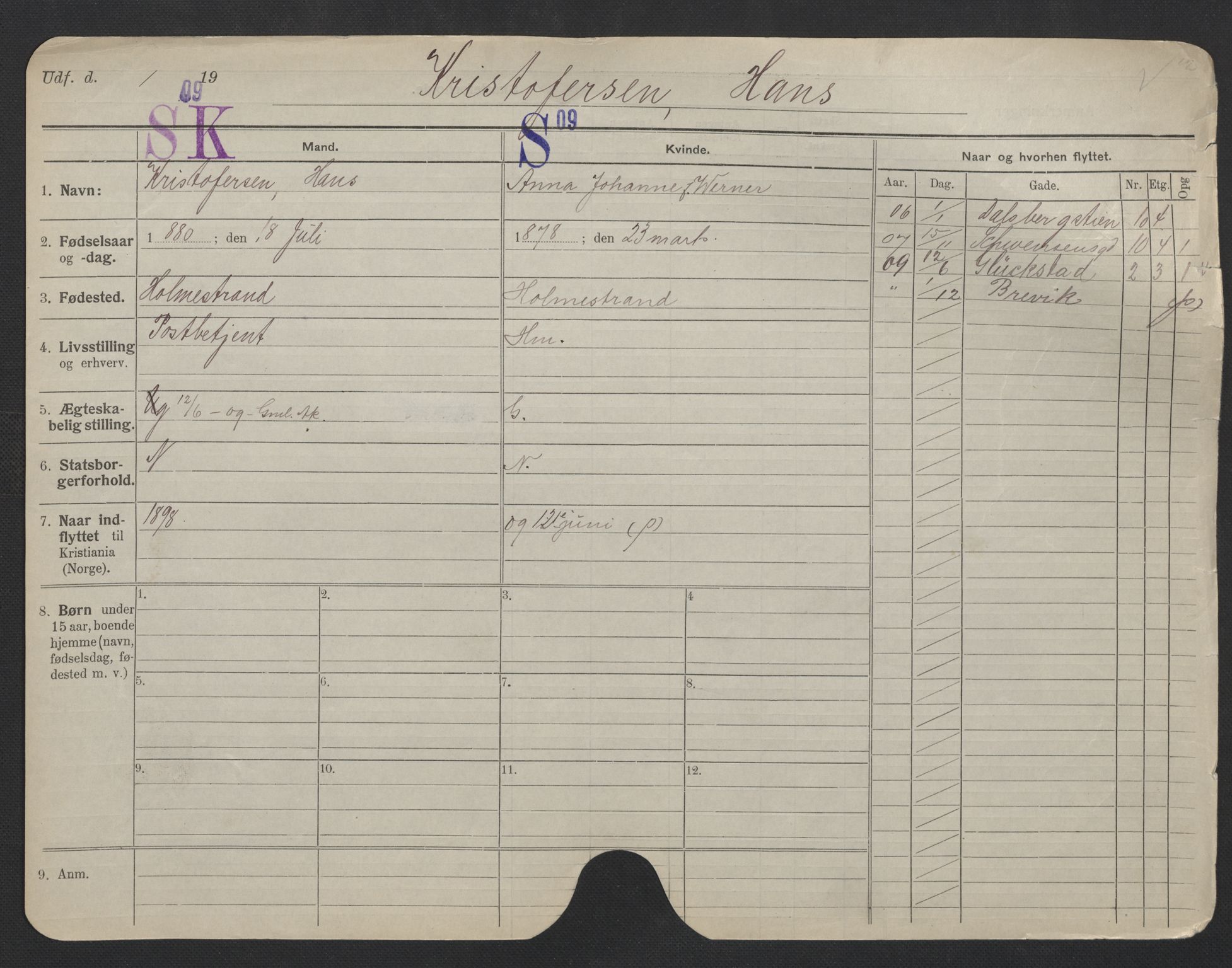 Oslo folkeregister, Registerkort, SAO/A-11715/F/Fa/Fac/L0006: Menn, 1906-1914, s. 826a