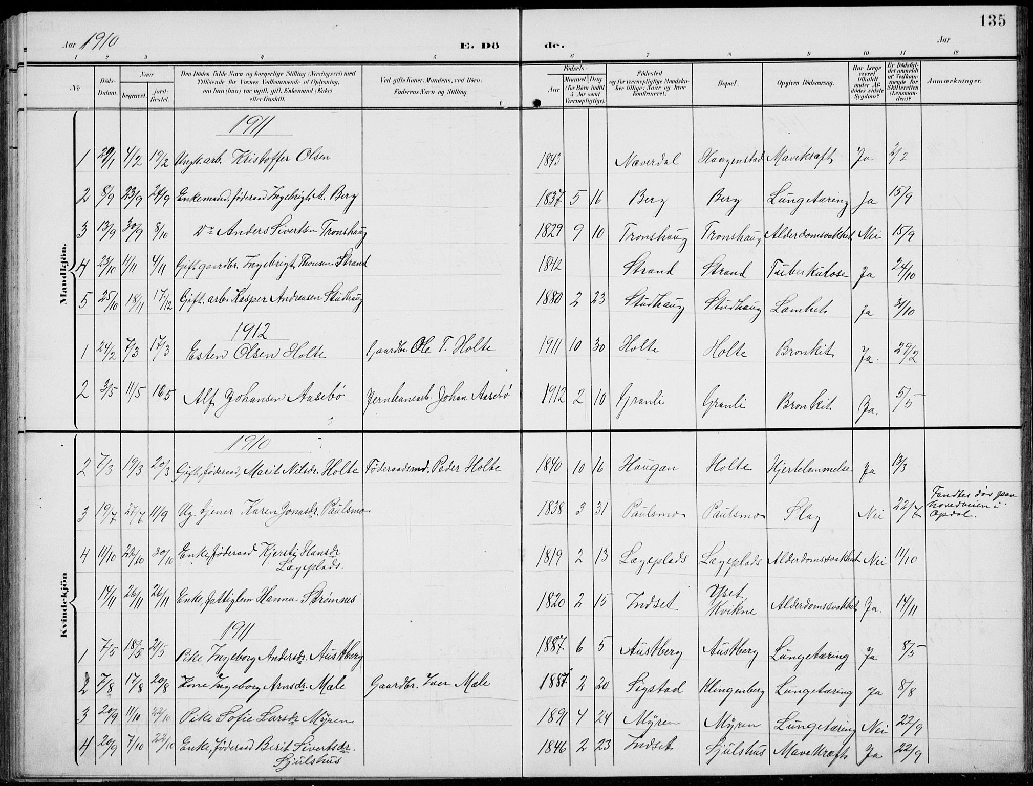 Kvikne prestekontor, AV/SAH-PREST-064/H/Ha/Hab/L0004: Klokkerbok nr. 4, 1902-1937, s. 135