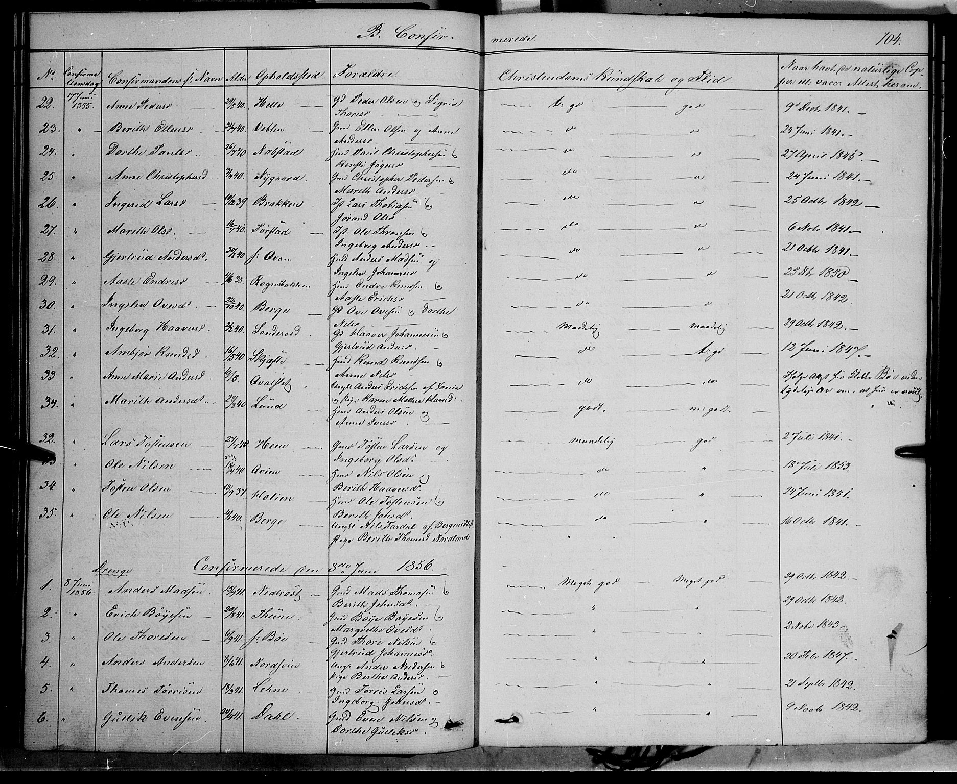 Vang prestekontor, Valdres, AV/SAH-PREST-140/H/Ha/L0006: Ministerialbok nr. 6, 1846-1864, s. 104