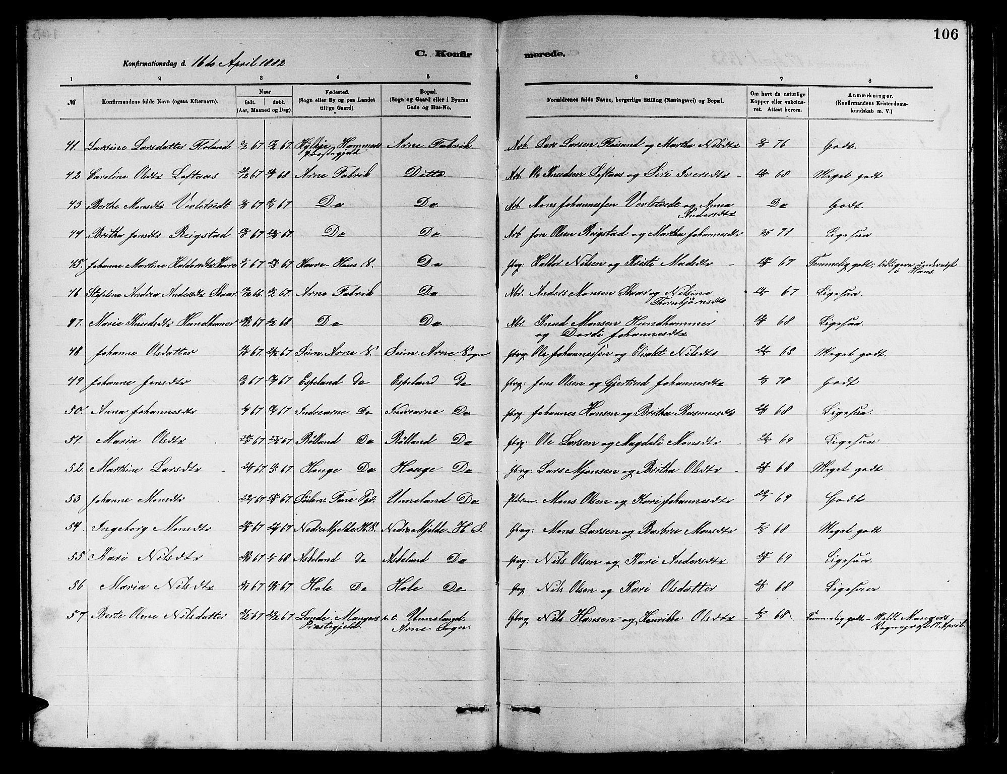 Arna sokneprestembete, AV/SAB-A-74001/H/Ha/Hab: Klokkerbok nr. A 2, 1878-1887, s. 106