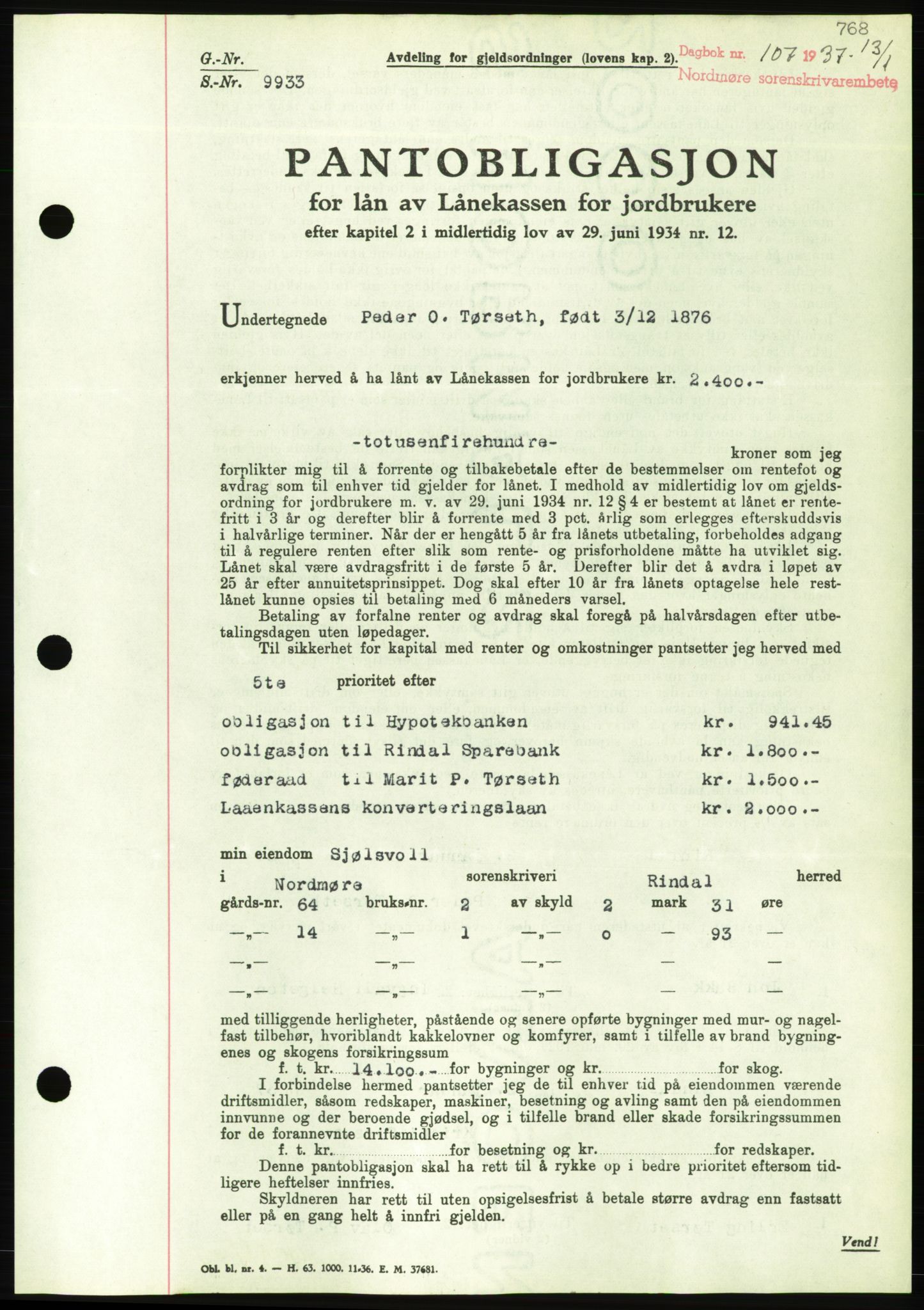 Nordmøre sorenskriveri, AV/SAT-A-4132/1/2/2Ca/L0090: Pantebok nr. B80, 1936-1937, Dagboknr: 107/1937