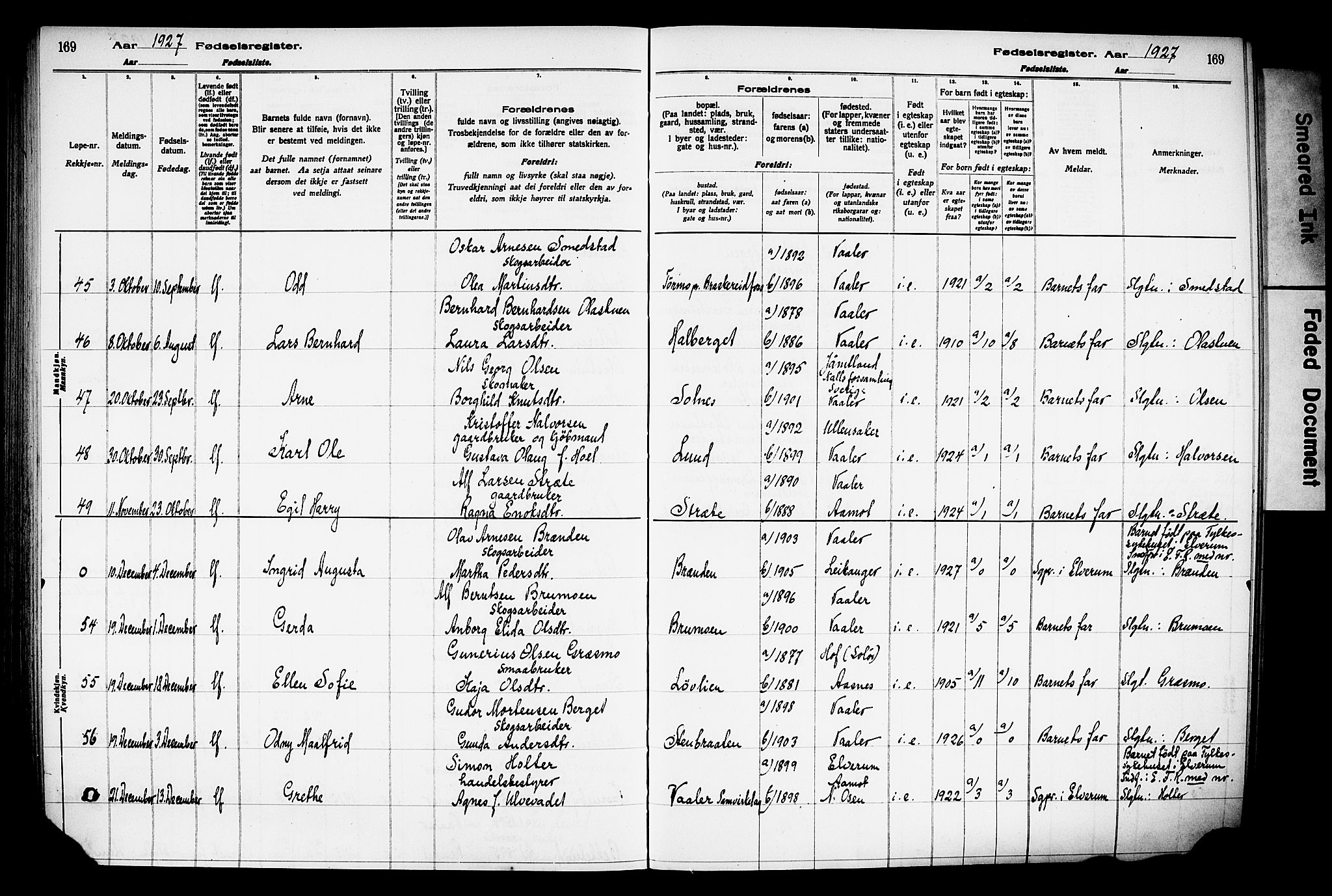 Våler prestekontor, Hedmark, AV/SAH-PREST-040/I/Id/L0001: Fødselsregister nr. 1, 1916-1930, s. 169