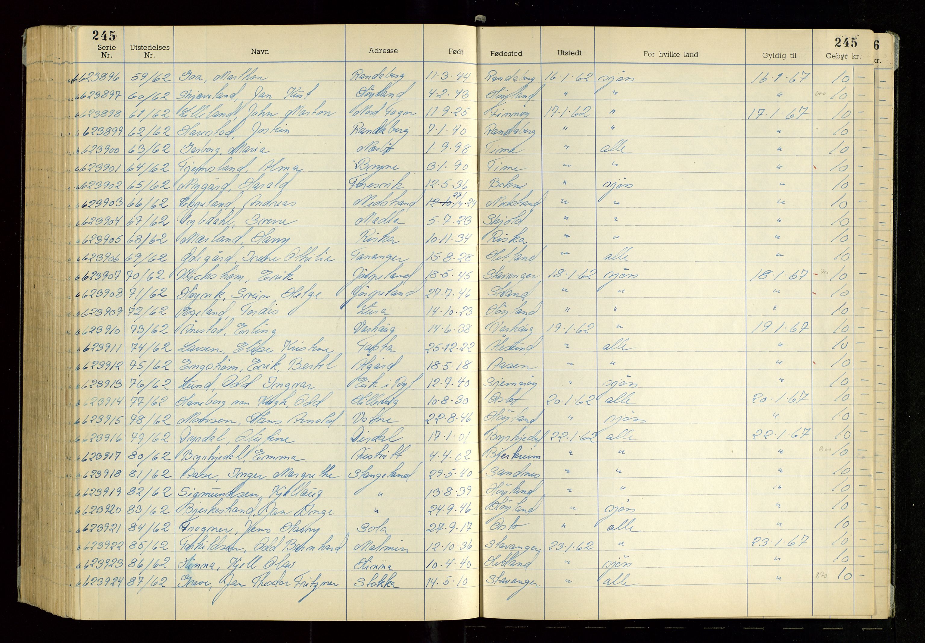 Rogaland politikammer, AV/SAST-A-101403/K/Ka/L0006: Passprotokoll, 1958-1962, s. 245