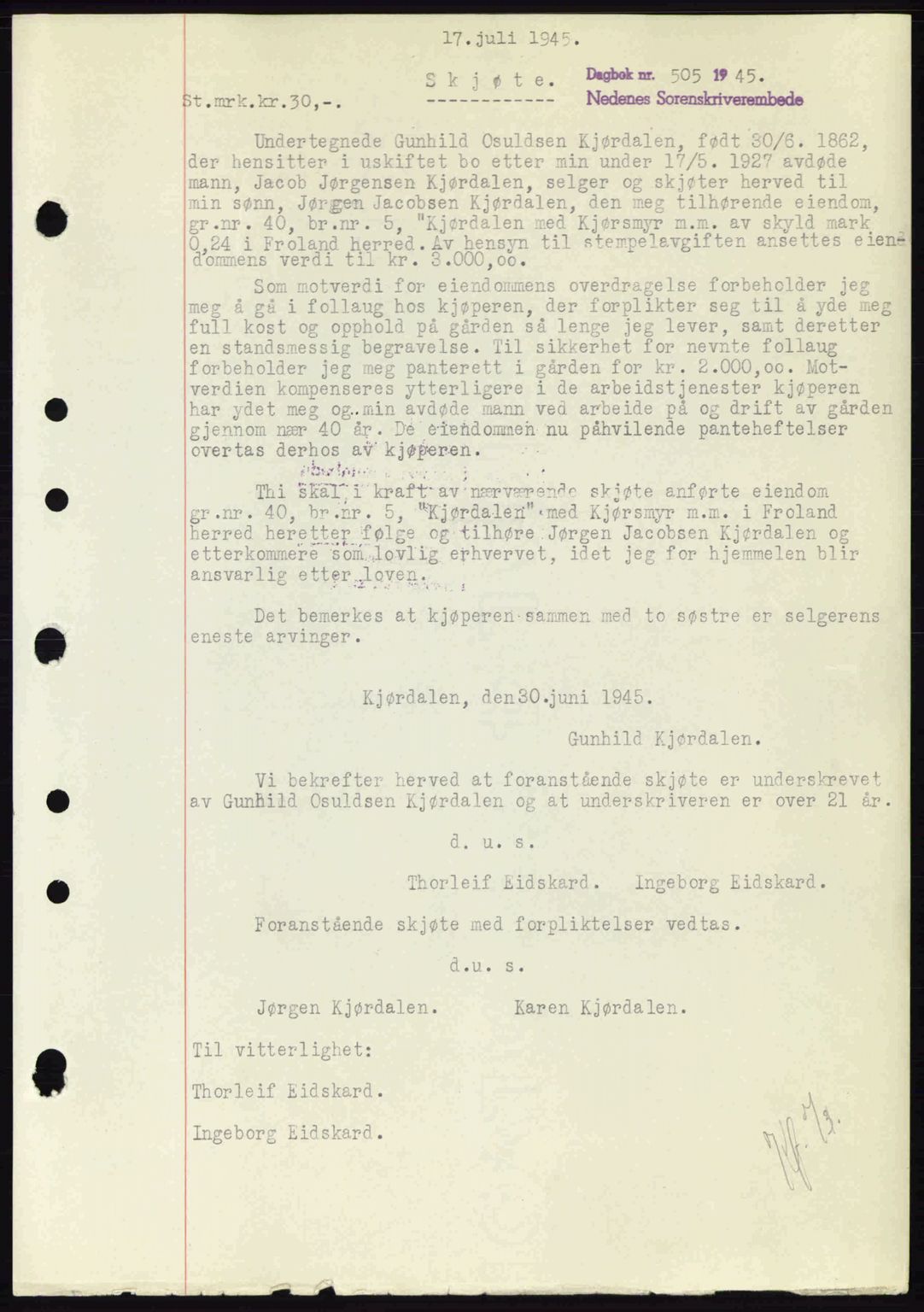Nedenes sorenskriveri, SAK/1221-0006/G/Gb/Gba/L0052: Pantebok nr. A6a, 1944-1945, Dagboknr: 505/1945