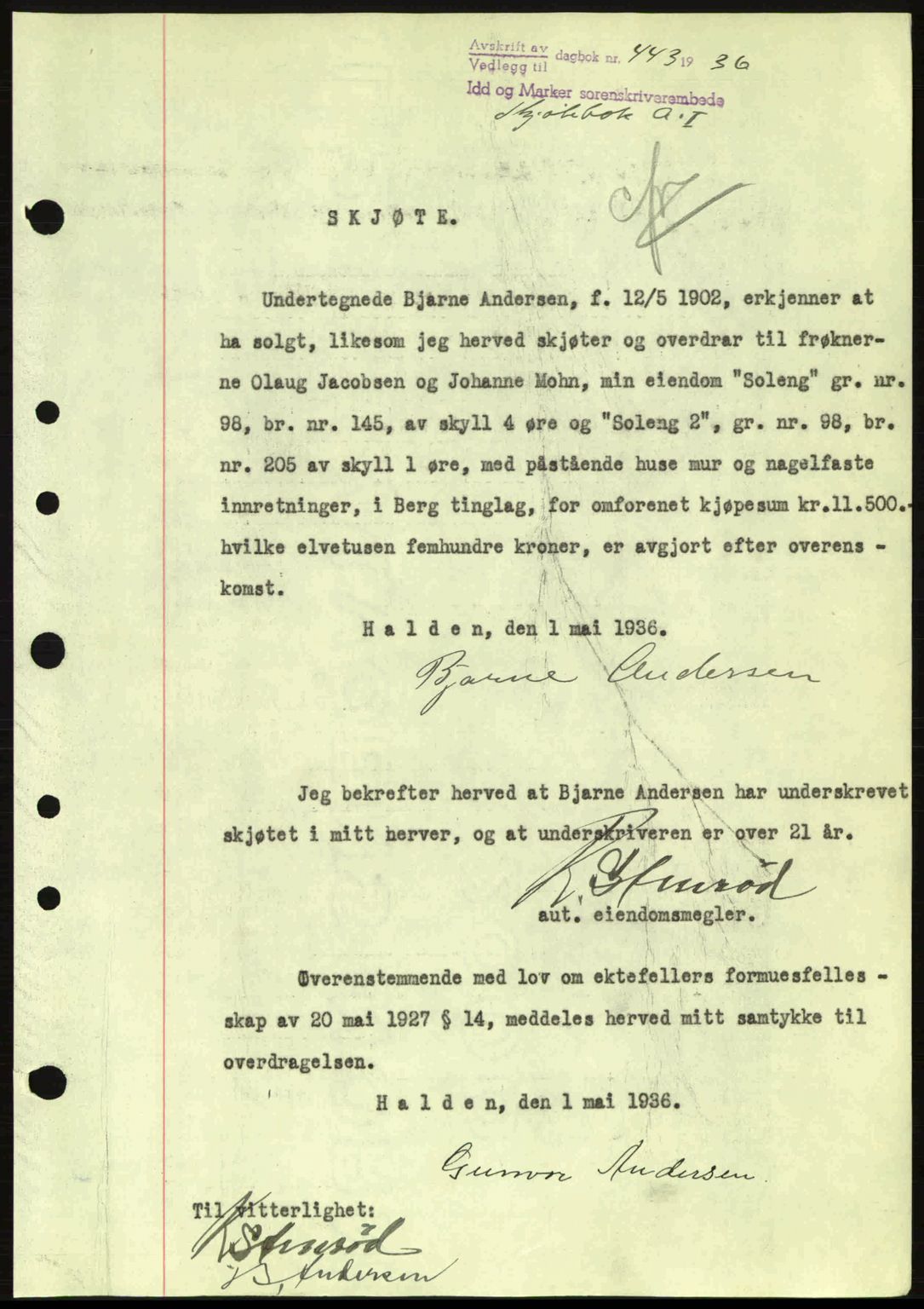 Idd og Marker sorenskriveri, AV/SAO-A-10283/G/Gb/Gbb/L0001: Pantebok nr. A1, 1936-1937, Dagboknr: 443/1936